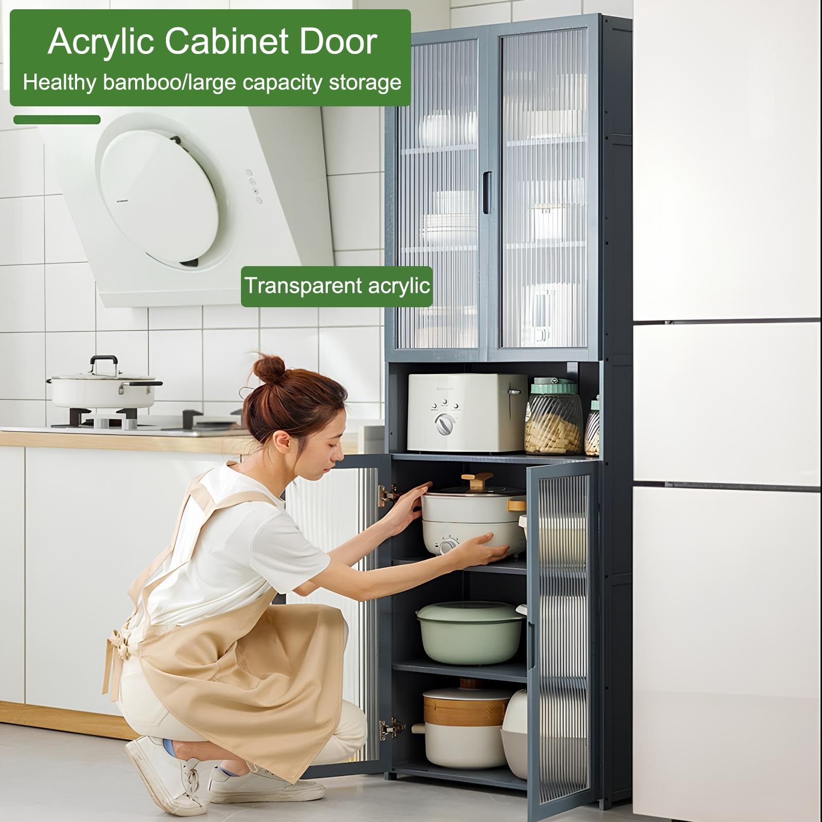 Gabinete de despensa con Puertas de acrílico, aparador de Almacenamiento de Piso de bambú, Estante de Organizador de Cocina a Prueba de Polvo para el Comedor de la Sala de Estar
