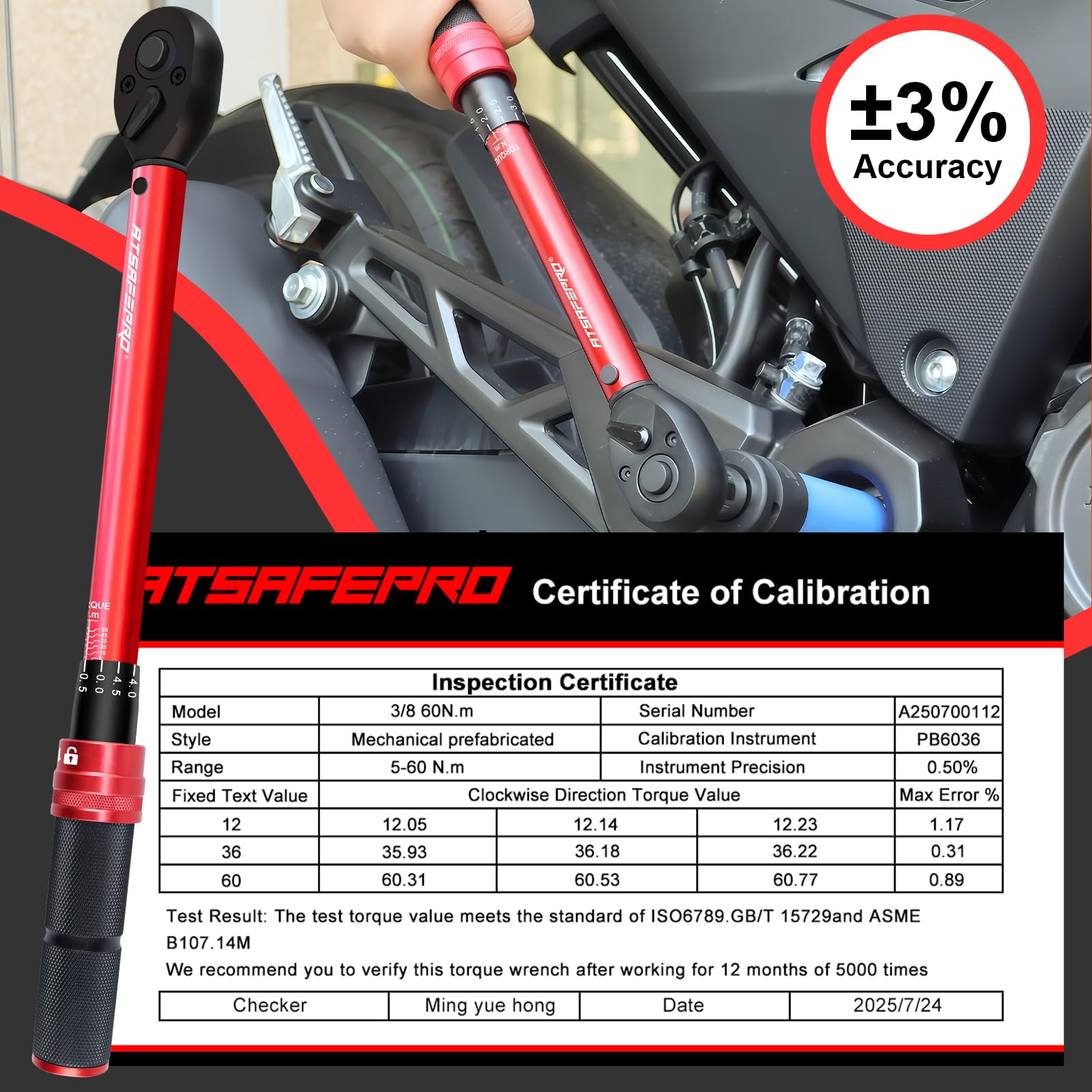 ATsafepro Chiave Dinamometrica 3/8",5-60 nm Chiave Dinamometrica con Adattatore 3/8" A 1/4"&1/2" E Prolunga da 15 cm,Precisione ±3%,Testina A Cricchetto Reversibile,per Auto,Bici,Moto
