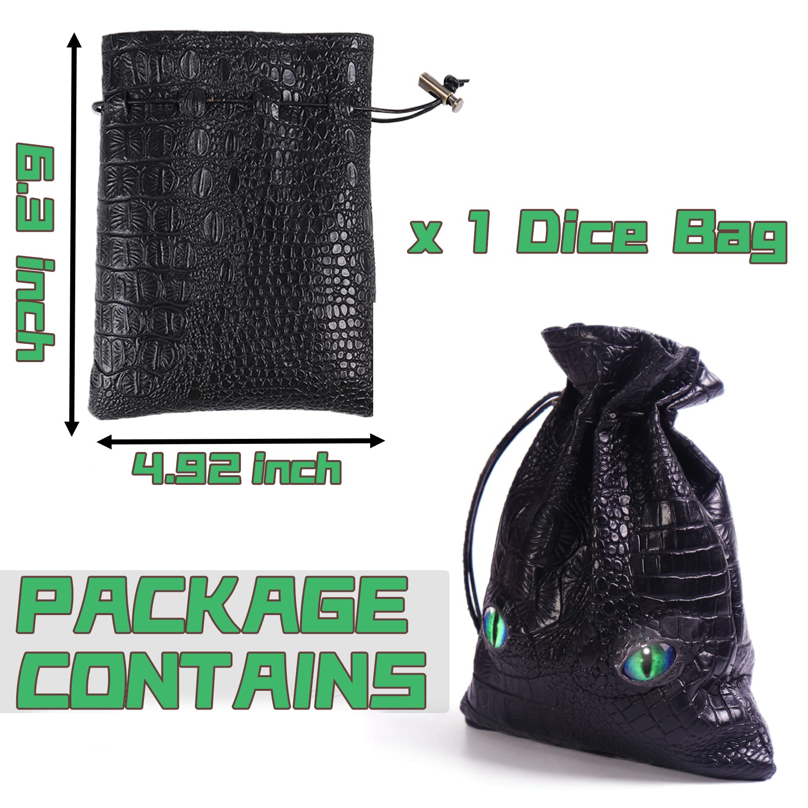 Byhoo Grand Sac à dés du MDN pouvant contenir 6 Ensembles de dés, Sac en Cuir de Dragon de feu, lumière Verte Brillante dans Les Yeux, Sac pour Jeux de société du MDN, Accessoires RPG, dés Non Inclus