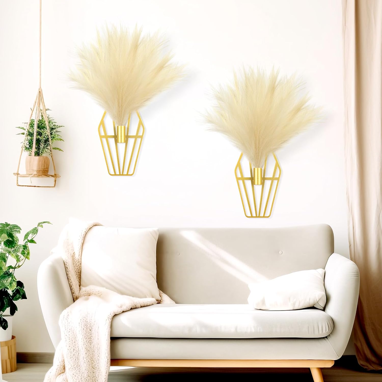 Wall-Mounted Metal Wall Decor, Hanging Artificial Pampas Display, Wall Art for Living Room, Bedroom, Bathroom, Office, Dining Room, Boho Wall Decor 2 Pack Gold (Fresh Shell)