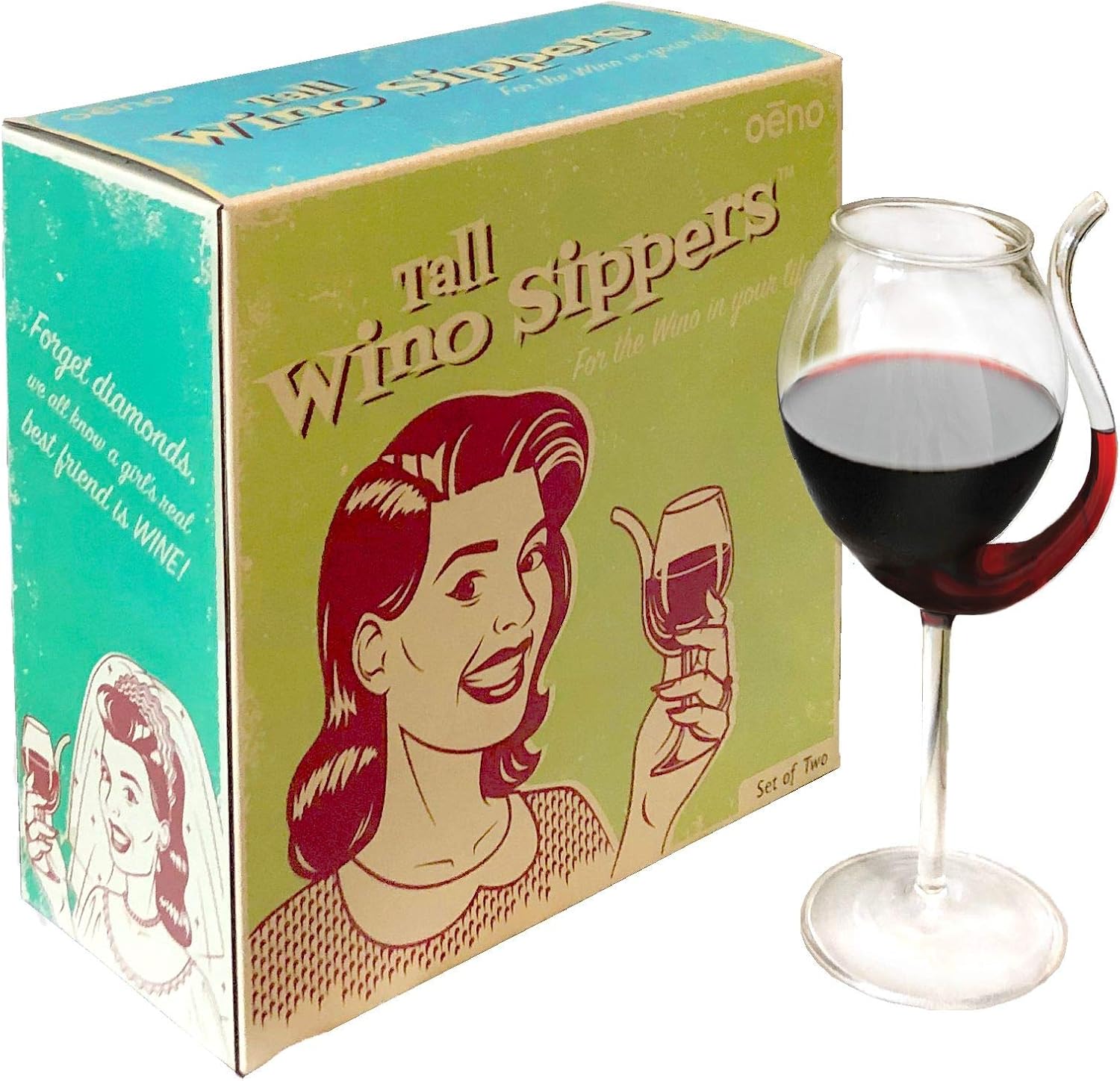 Oenophilia Tall Wino Sippers - Set of 2, Funny Wine Gifts, Glass Straw Sipper, Port-Style Wine Accessories