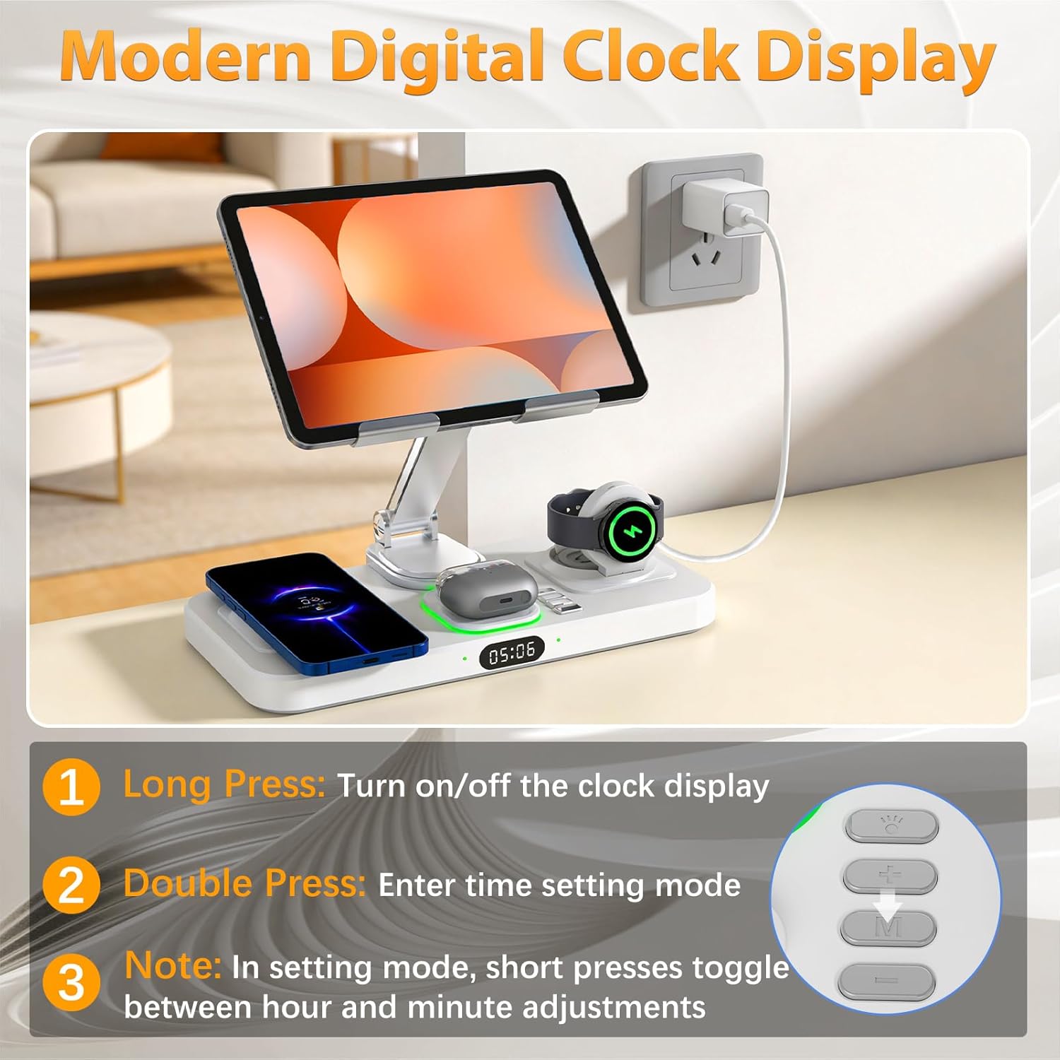 30W Foldable Fast Wireless Charger Stand for Multiple Samsung Device & Android, 6 in 1 Charging Station for Adjustable Tablet Stand with 7-Color Lights/Clock,Watch Charger Only for Galaxy Watch - Image 5