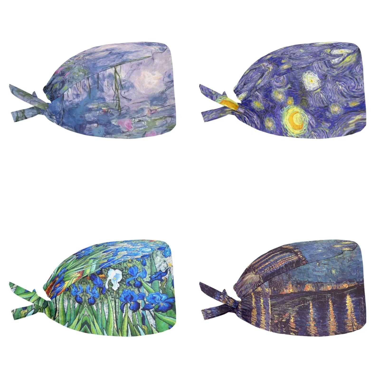 Belidome Van Gogh Scrub Cap for Women 4 Pack Oil Painting Print Long Hair Bouffant Scrub Hats Headgear for Working Painting