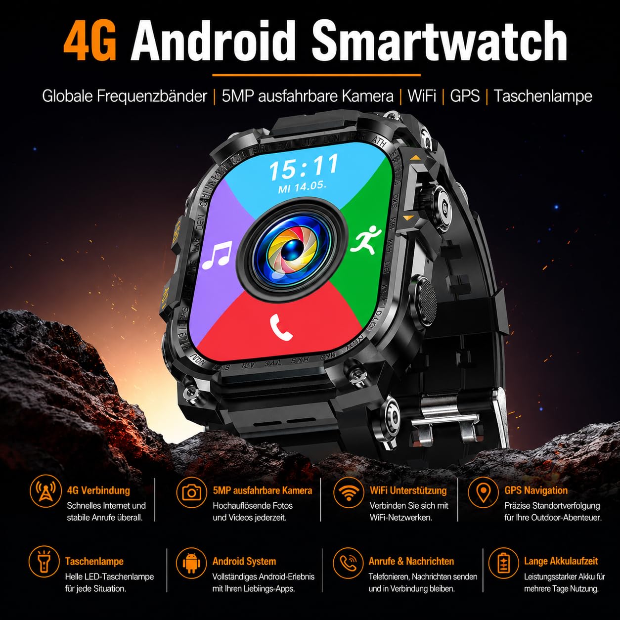 Smartwatch 4G LTE Android Reloj Deportivo AMOLED 2.06 pulgadas GPS Función Teléfono SIM Cámara WiFi Fitness Tracker Militar Exterior Reloj de Pulsera Aplicaciones Navegación Frecuencia Cardíaca