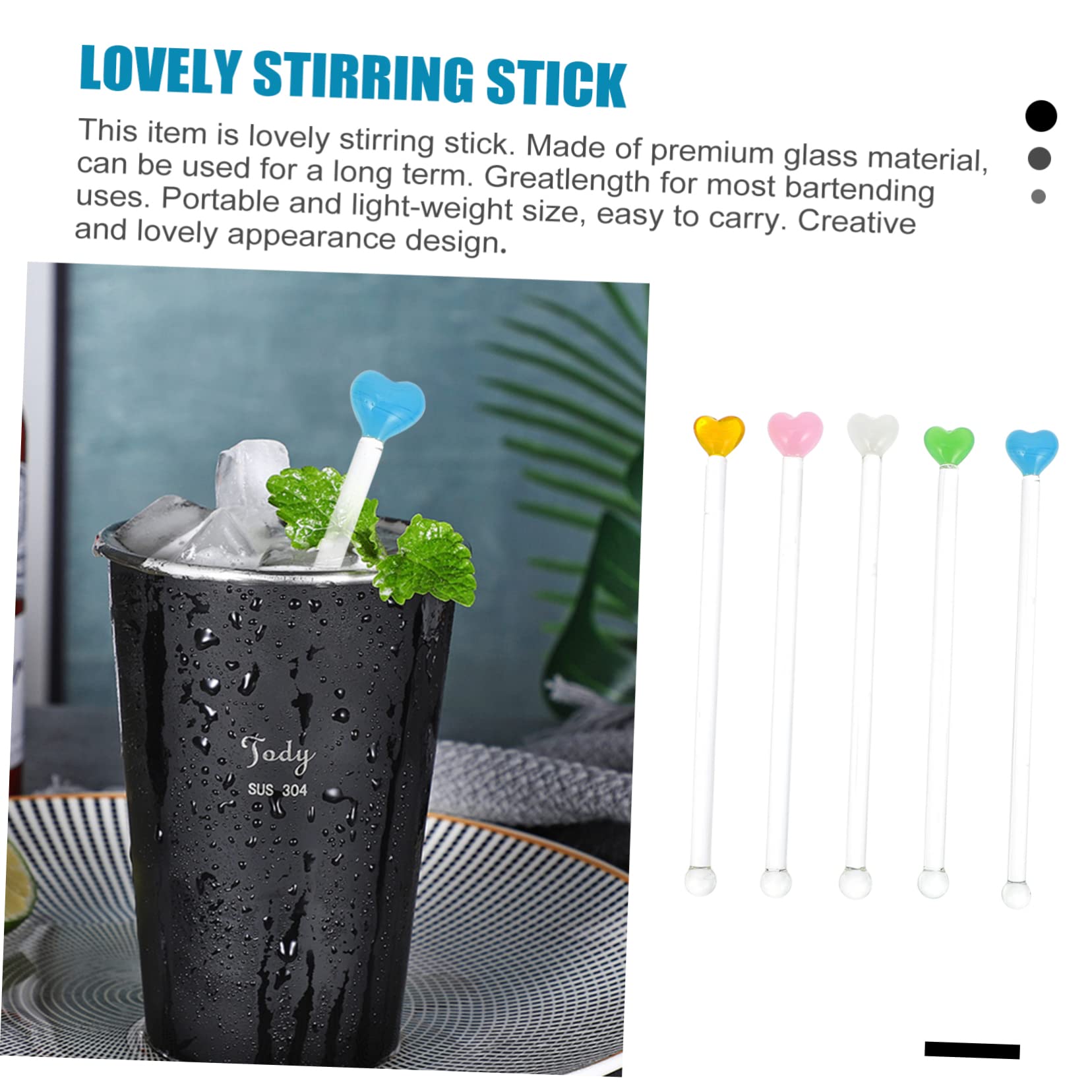 SOLUSTRE Glass Stirring Rods 5pcs Heart Shape Cocktail Sticks Drink Skewers for Cocktails Juice Milk Easy to Clean