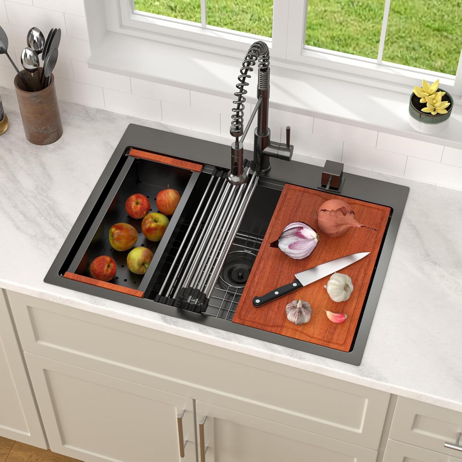 Dcolora 28 Inch Black Kitchen Sink Drop In, Nano-PVD Black Stainless Steel Workstation Sink Single Bowl Topmount with Accessories All-In-One, #DC-T8862 28"x22"x10"