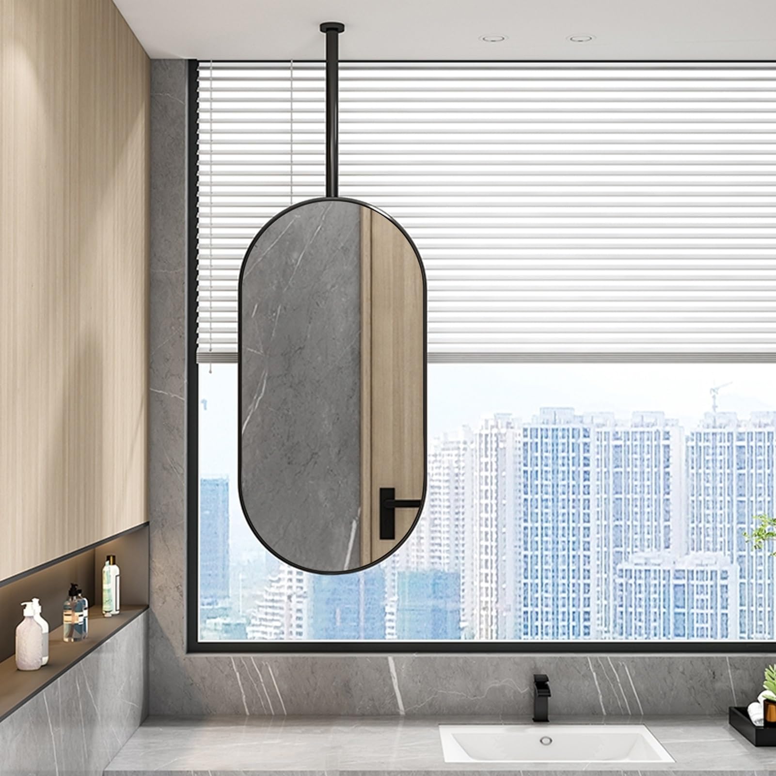FGXHHS Oval Metal Ceiling Mounted Mirror, Decorative Simple Glass Floating - with Black Frame and Customizable Hanging Rod (Size : 50cmx70cm)