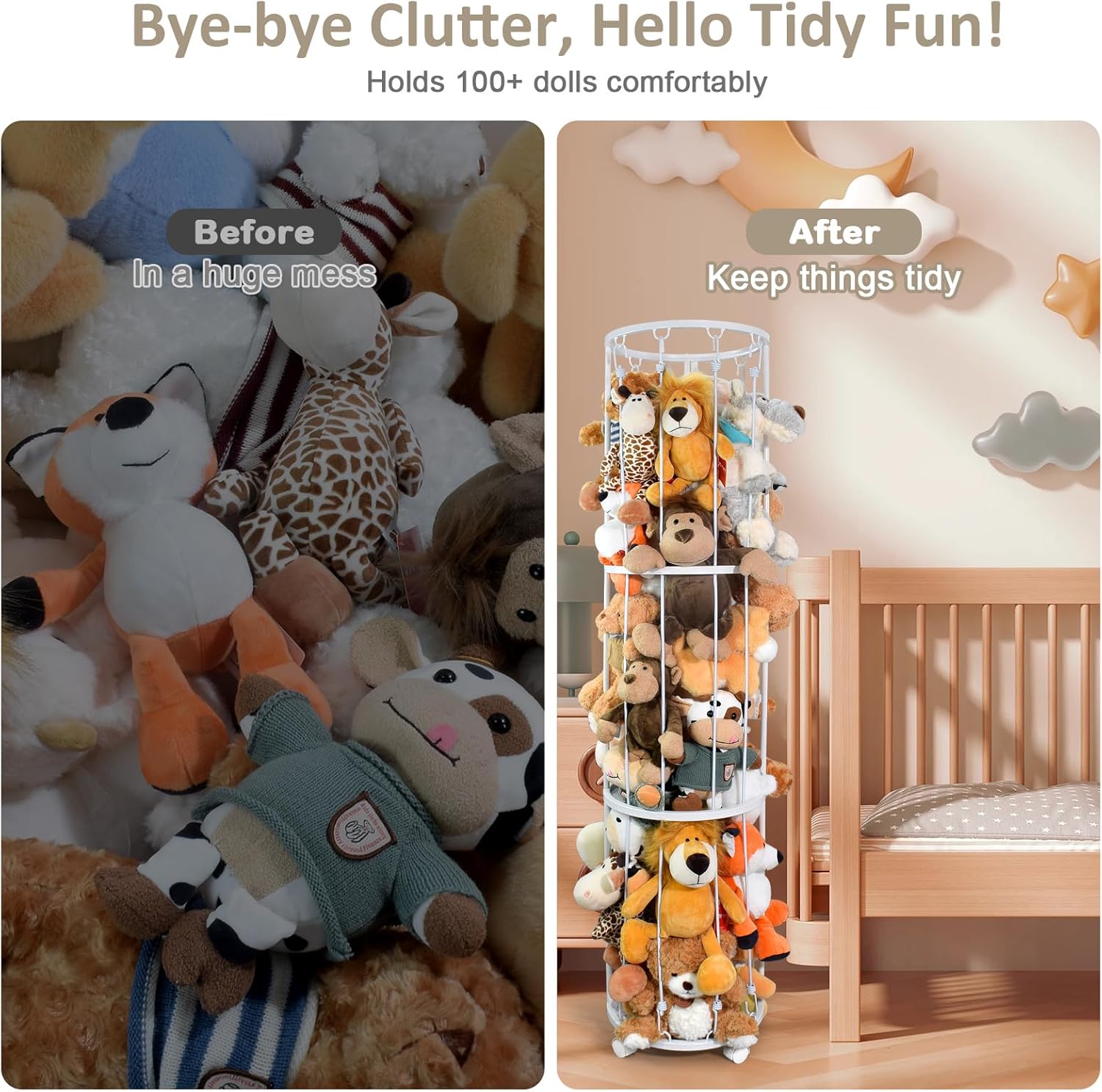 Stuffed Animal Storage Zoo, Metal Plushies Toy Storage Organizer, Tube Stuffed Animal Holder with Brake Wheels, Space Saving Plush Toy Holder for Playroom Bedroom Nursery (White)