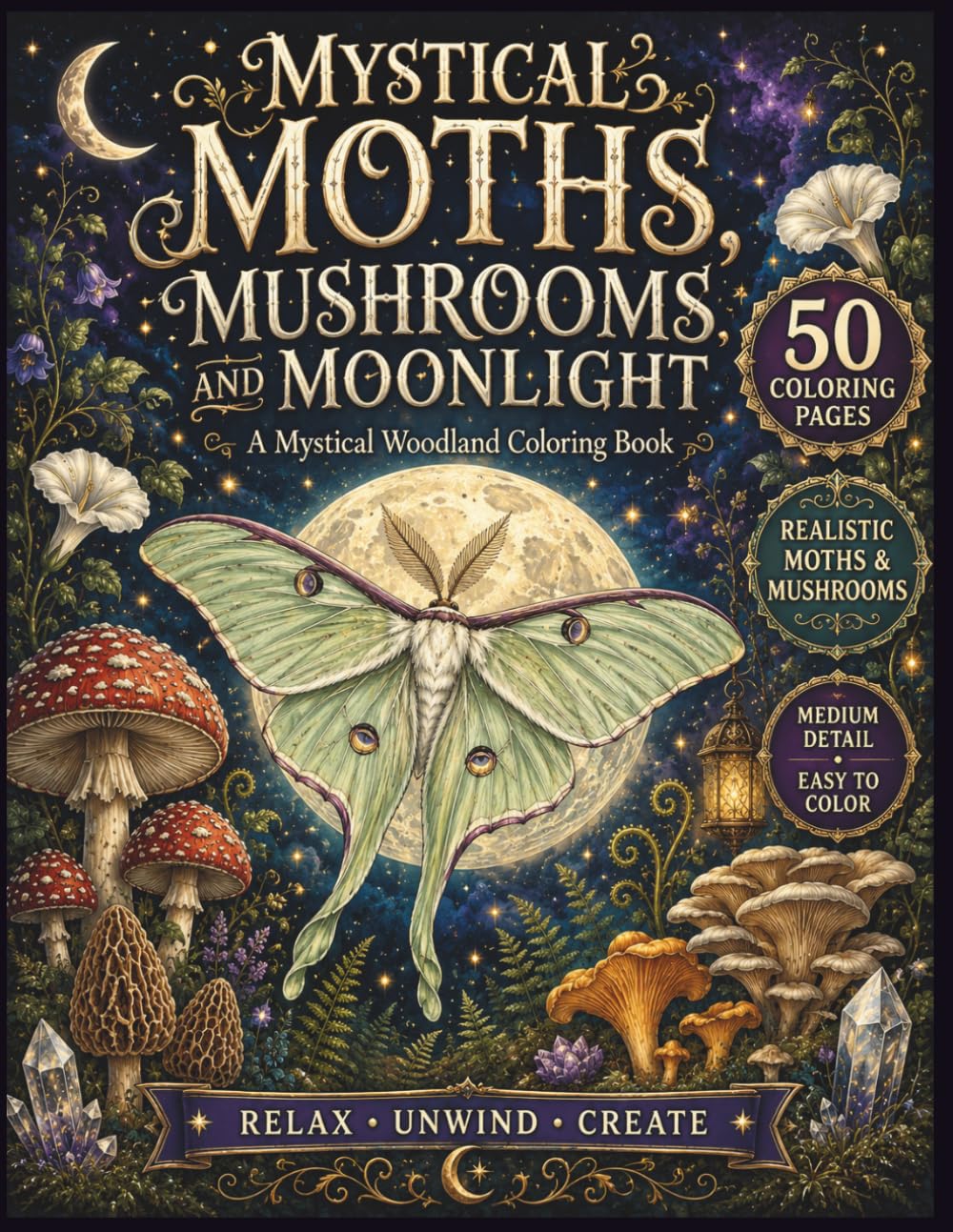 Mystical Moths, Mushrooms and Moonlight: An Adult Coloring Book of Enchanted Forest Scenes, Realistic Moths, Magical Fungi and Celestial Botanical Designs