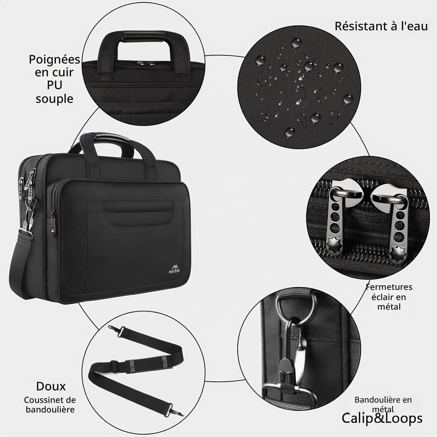 MATEIN Sac Ordinateur Portable 15.6 Pouces Mallette Multifonctionnel Business Handcase pour Les Femmes et Les Hommes, Enduring Nylon Sac à Bandoulière pour Voyage Tablette/Notebook Noir