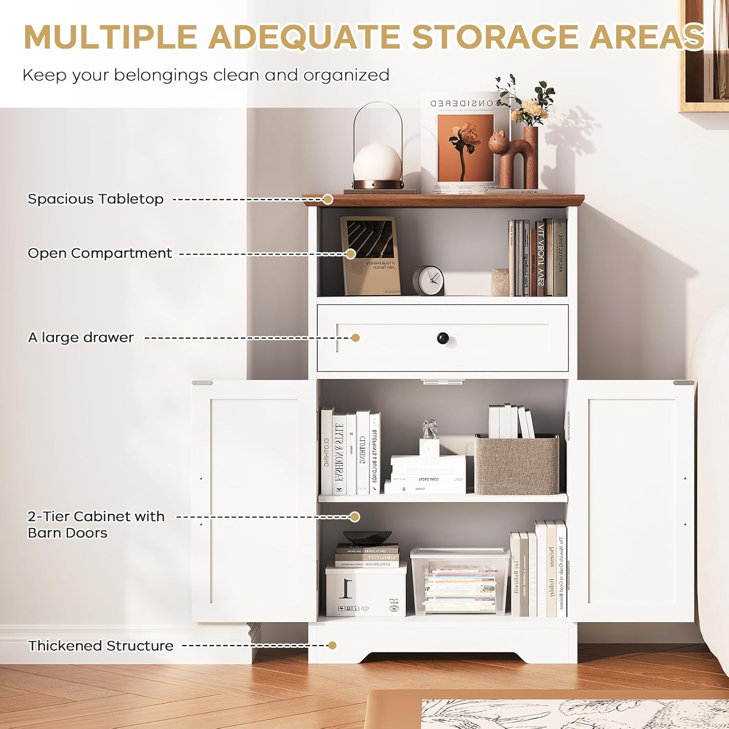 Floor Cabinet, Farmhouse Storage Cabinet with Barn Doors and Drawer, Freestanding Adjustable Shelf Organizer for Bathroom, Kitchen, Living Room White
