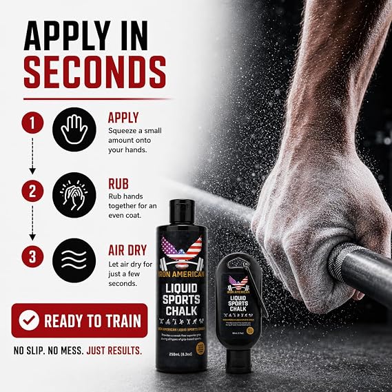 IRON AMERICAN Liquid Chalk - Mess-free Long Lasting Grip for Weightlifting, Gymnastics, Rock Climbing, Fitness Training - 50ml Travel Bottle - Advanced Hand Chalk for Gym - 2 Pack