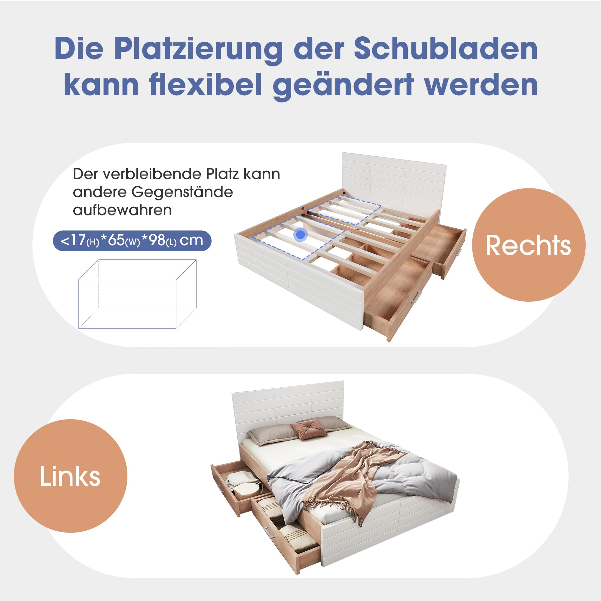 Generisch Moderno letto matrimoniale 140 x 200 cm con 2 cassetti, con struttura del letto e rete a doghe, rovere bianco, carico massimo 181 kg, spazio sotto il letto, materasso per chi dorme