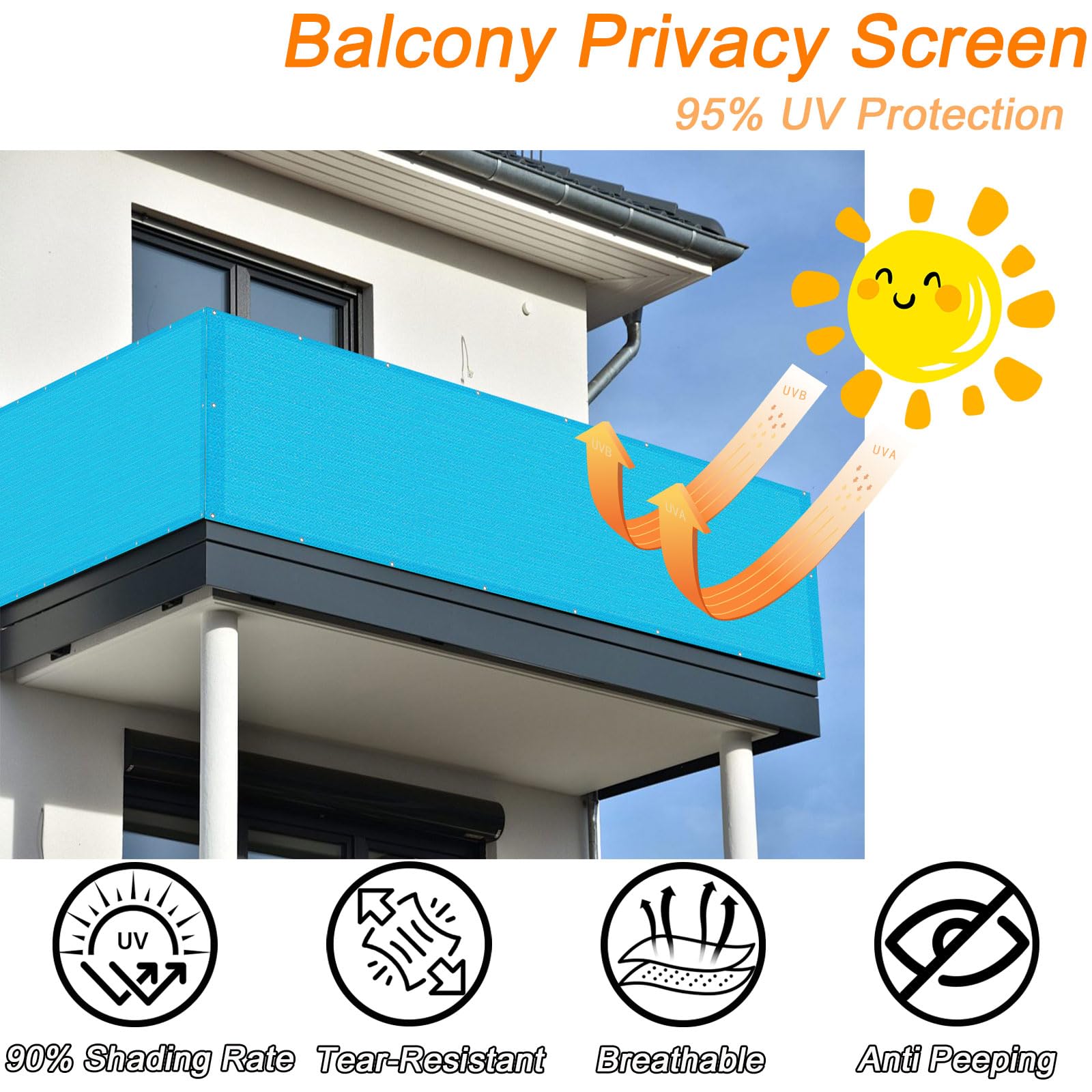 Balkon odporny na warunki atmosferyczne, 40 x 100 cm, ochrona przed wiatrem z przelotkami i opaskami kablowymi, oddychająca siatka bez wiercenia, montaż w błękitnej osłonie ogrodzenia