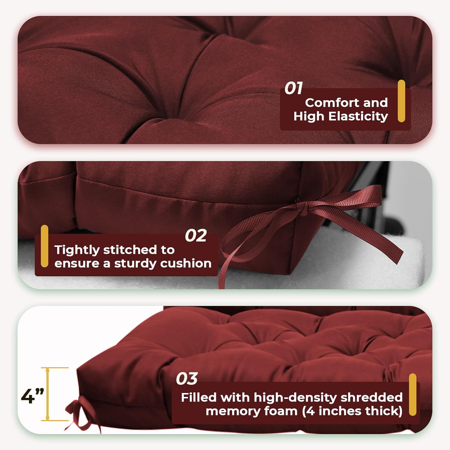 Porch Swing Cushions with Backrest, Replacement Swing Cushions Waterproof for Outdoor Patio Furniture, 2-3 Seater Outdoor Swing Bench Cushions Replacement with Ties (Red, 60x40 Inches)
