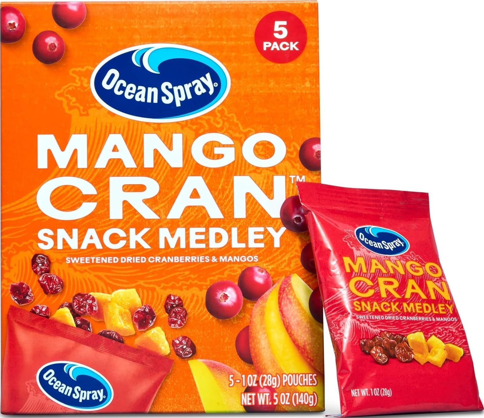 Mango Cranโข Snack Medley, Cranberry and Mango Dried Fruit Snack, 1 Oz Pouches, 5 Count