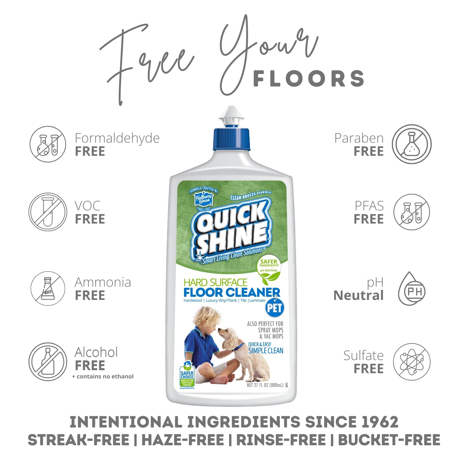 Quick Shine Limpiador de suelos para mascotas a base de plantas, 27 onzas, listo para usar, elimina la suciedad, sin rayas, sin enjuague, madera dura, laminado, tablón de vinilo de lujo LVT y