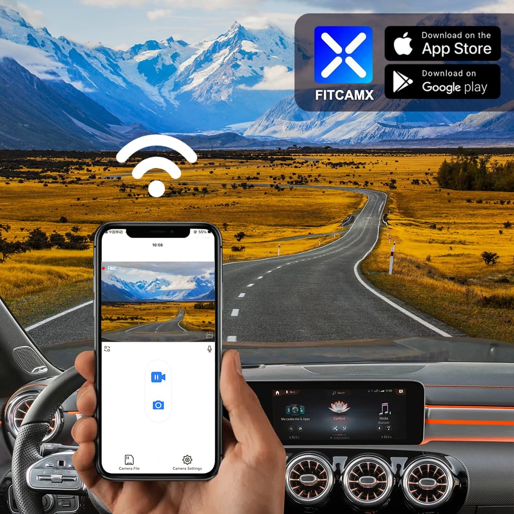 Fitcamx Dashcam Car Front Rear 2160P+1080P kompatybilna z Mercedes-Benz A i CLA Class 2024 2025 2026 facelift HD2-6609, OEM Dashcam 4K UHD Video WiFi, Loop Recording, G-Sensor, WDR, karta 128GB