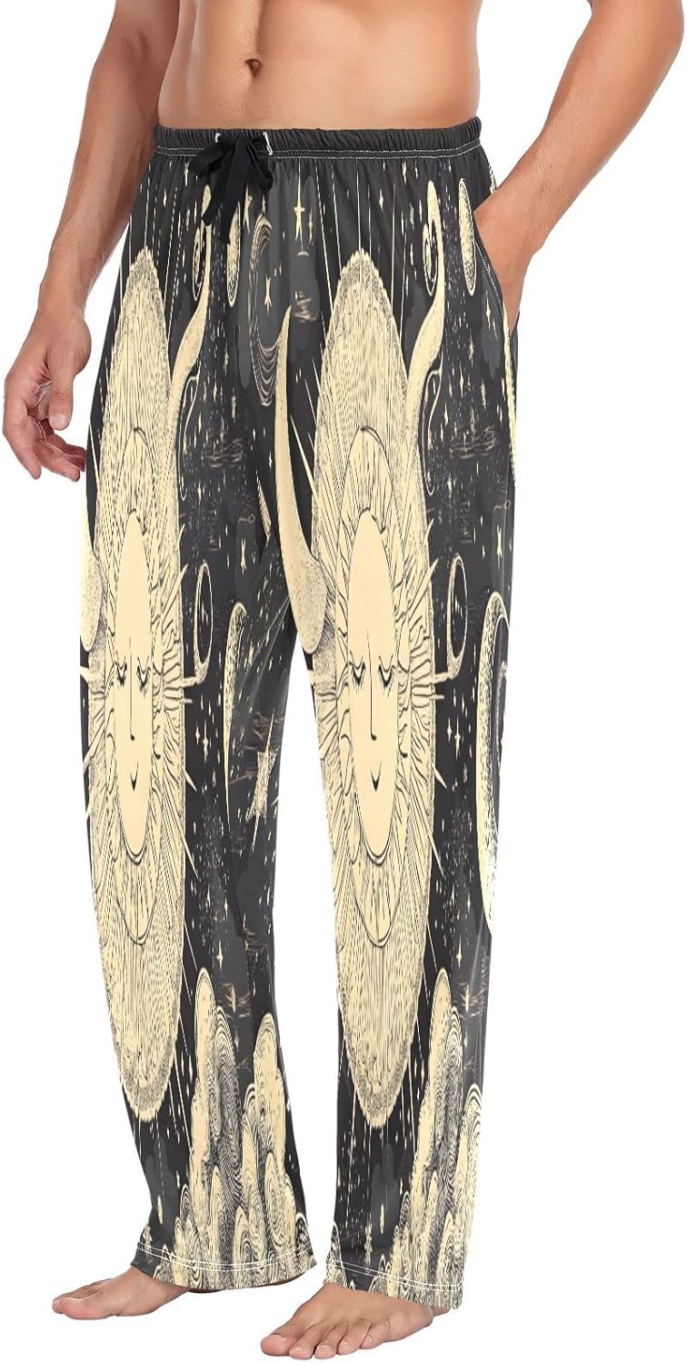 ALAZA Hand Drawn Sun Moon Clouds Men's Pajama Pants Men Cotton Pajama Bottoms with Pockets, S