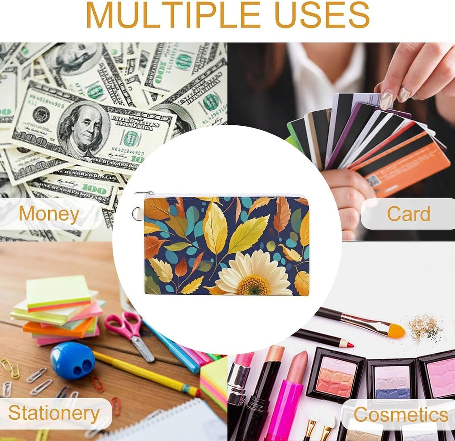 Leaves And Flowers Coin Purse Coin Pouch with Zipper for Men Women Portable Change Wallet Canvas Coin Bag