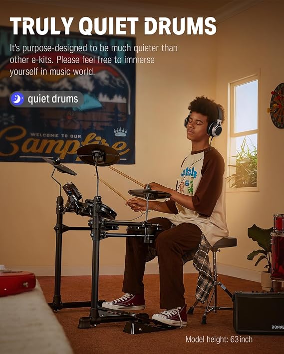 Donner DED-80 Electronic Drum Set with 4 Quiet Mesh Pads, 180+ Sounds, Bundle with Donner Drum Throne Set, Padded Seat Height Adjustable Drum Stools, 5A Drumsticks Included, Multiple Iterations