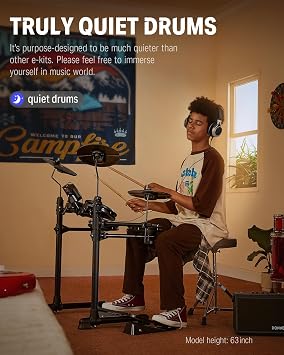 Donner DED-80 Electronic Drum Set with 4 Quiet Mesh Pads, 180+ Sounds, Bundle with Donner Drum Throne Set, Padded Seat Height Adjustable Drum Stools, 5A Drumsticks Included, Multiple Iterations