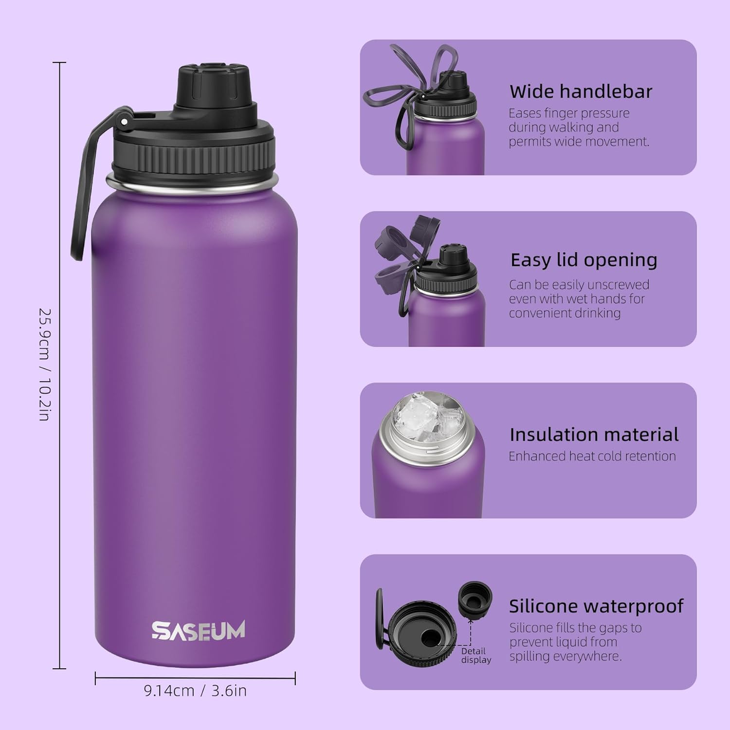 SASEUM Sport Water Bottle 32oz Stainless Steel Double Wall Vacuum Thermal Mug with Leak Proof Spout Lids, Wide Mouth Metal Insulated Water Jug for Gym and Travel(Purple) - Image 2