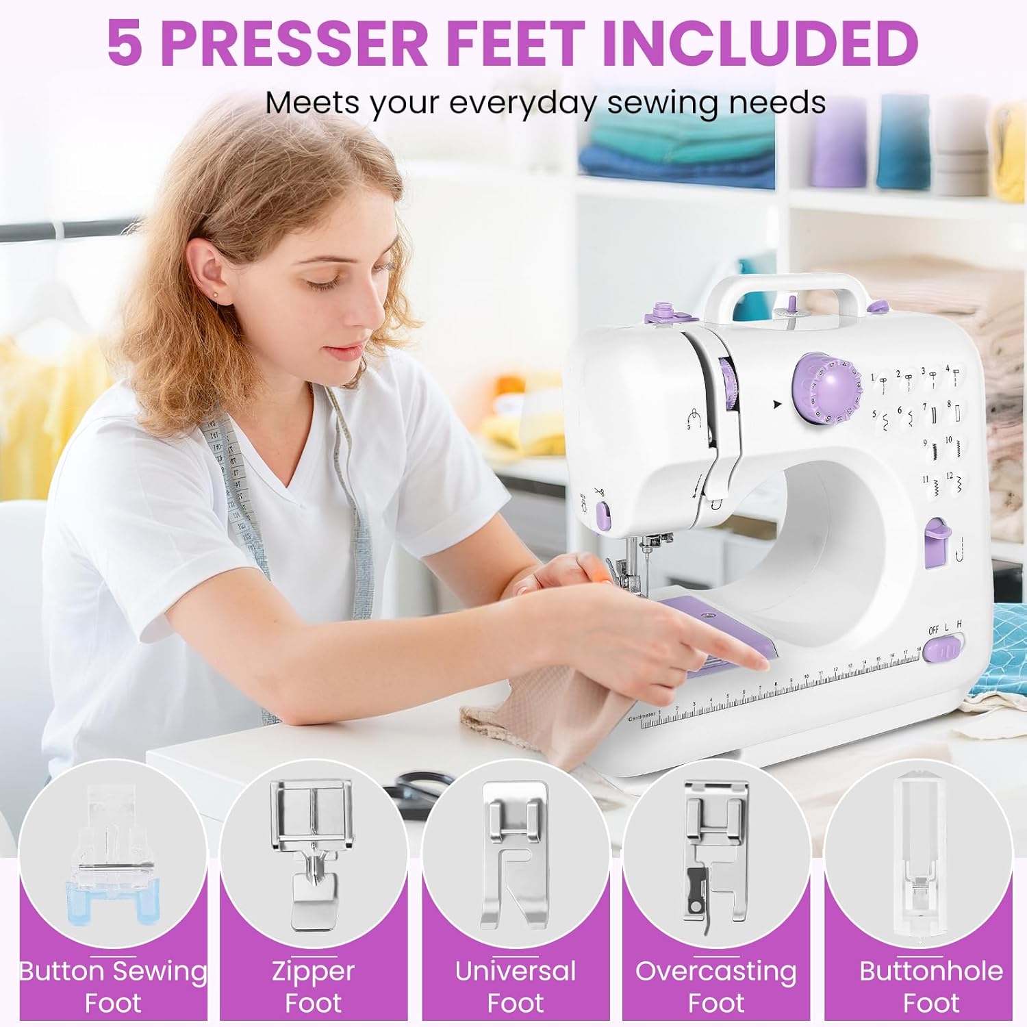Mini Sewing Machine for Home Use, 12 Stitch Patterns, LED Light & Foot Pedal, 2-Speed Portable Electric Sewing Machine with 32 Spools Thread Kit for Beginners, Kids & Adults