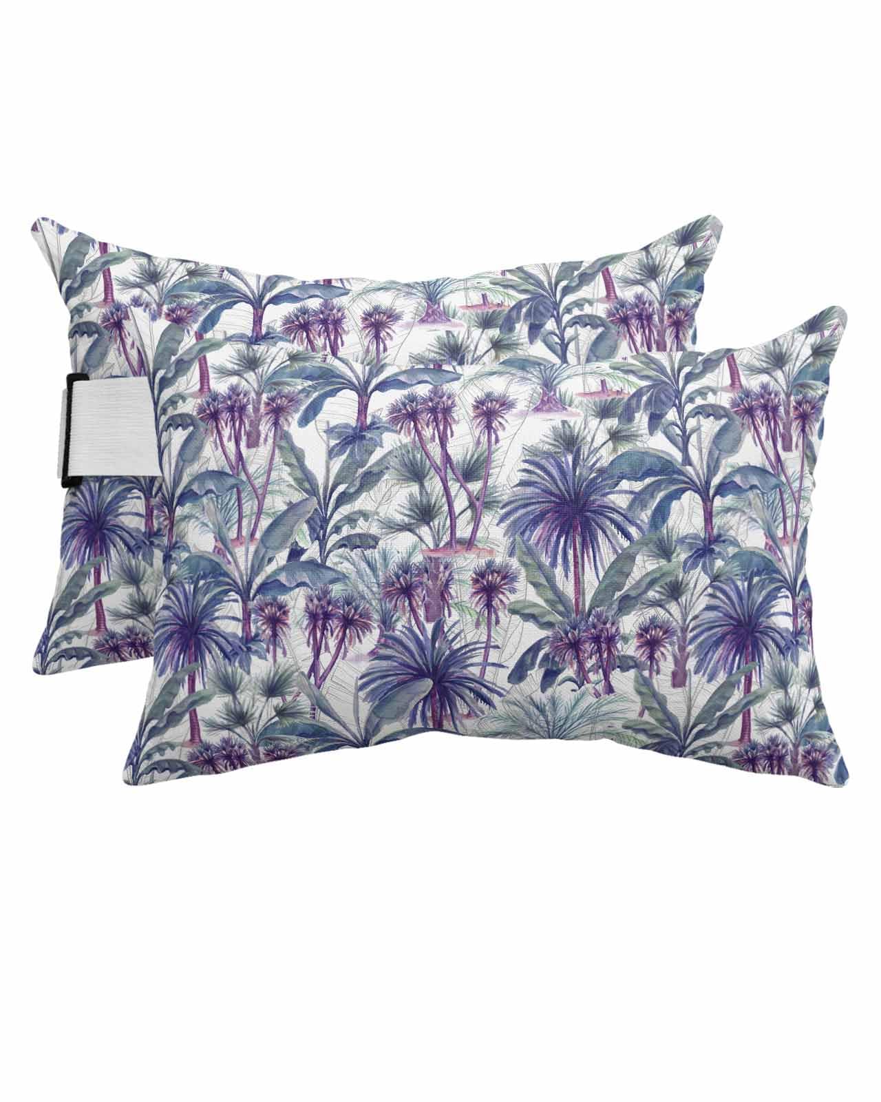 Anzona Pack of 2 Teal Purple Palm Trees Lumbar Pillow Covers, Outdoor Waterproof Throw Pillow Covers Set, Summer Botanical Tropical Leaves Decorative Cushion Case for Patio Beach, 12x20 Inch
