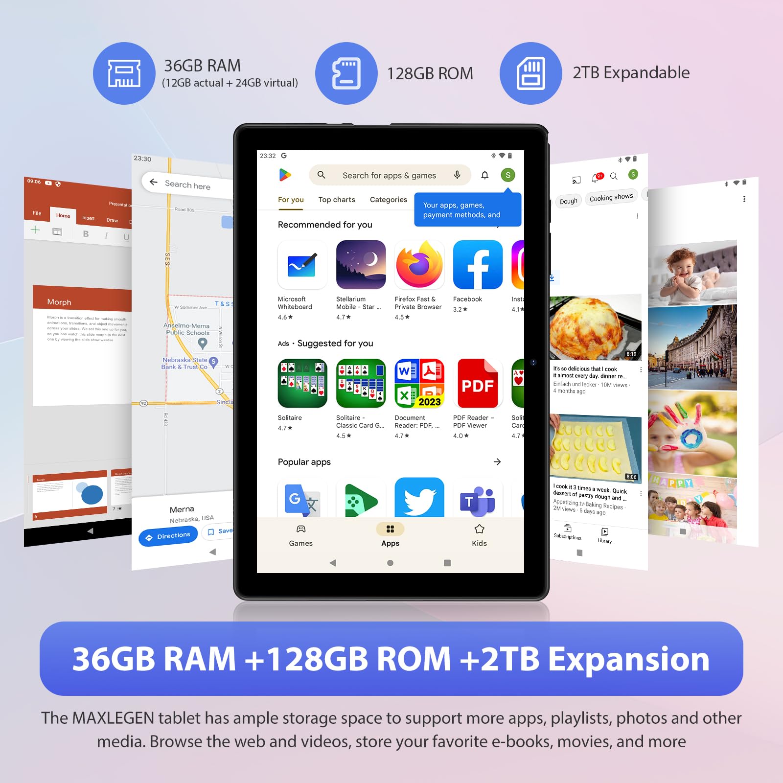 MAXLEGEN Tablet 10,1 Pollici, 36GB RAM+128GB ROM/2TB TF, Android 14, Octa Core 2.0Ghz, 5G WiFi, 8000mAh, BT5.0, 8+5MP, Widevine L1, FM, Tablets con Tastiera e Mouse/Penna/Auricolare