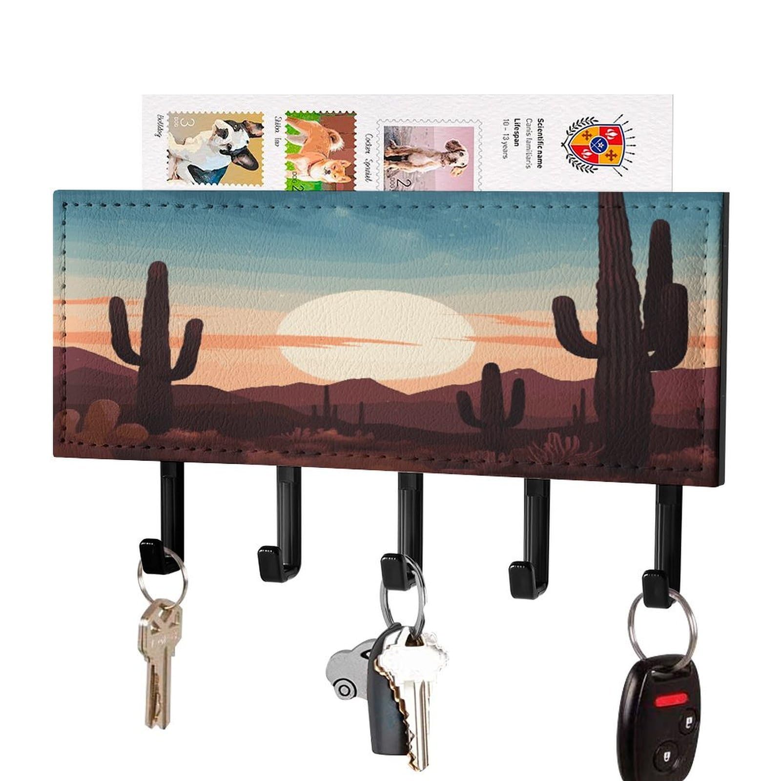 Vstadank Black-Style Desert With Cactus Key Holder For Wall Decorative Mail Organizer Exquisite Coat Rack Pu Wall Mount Adhesive Keys Rack With Tray&5 Key Hook For Door Hallway Entryway Decor