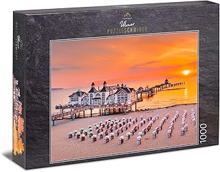 Ulmer Puzzleschmiede - Puzzle „Morgenrot auf Rügen - Klassisches 1000 Teile Puzzle – Schönes Ostsee-Puzzlemotiv vom Strand-Bad Sellin mit Strandkörben im Sonnenuntergang, Insel Rügen, Deutschland