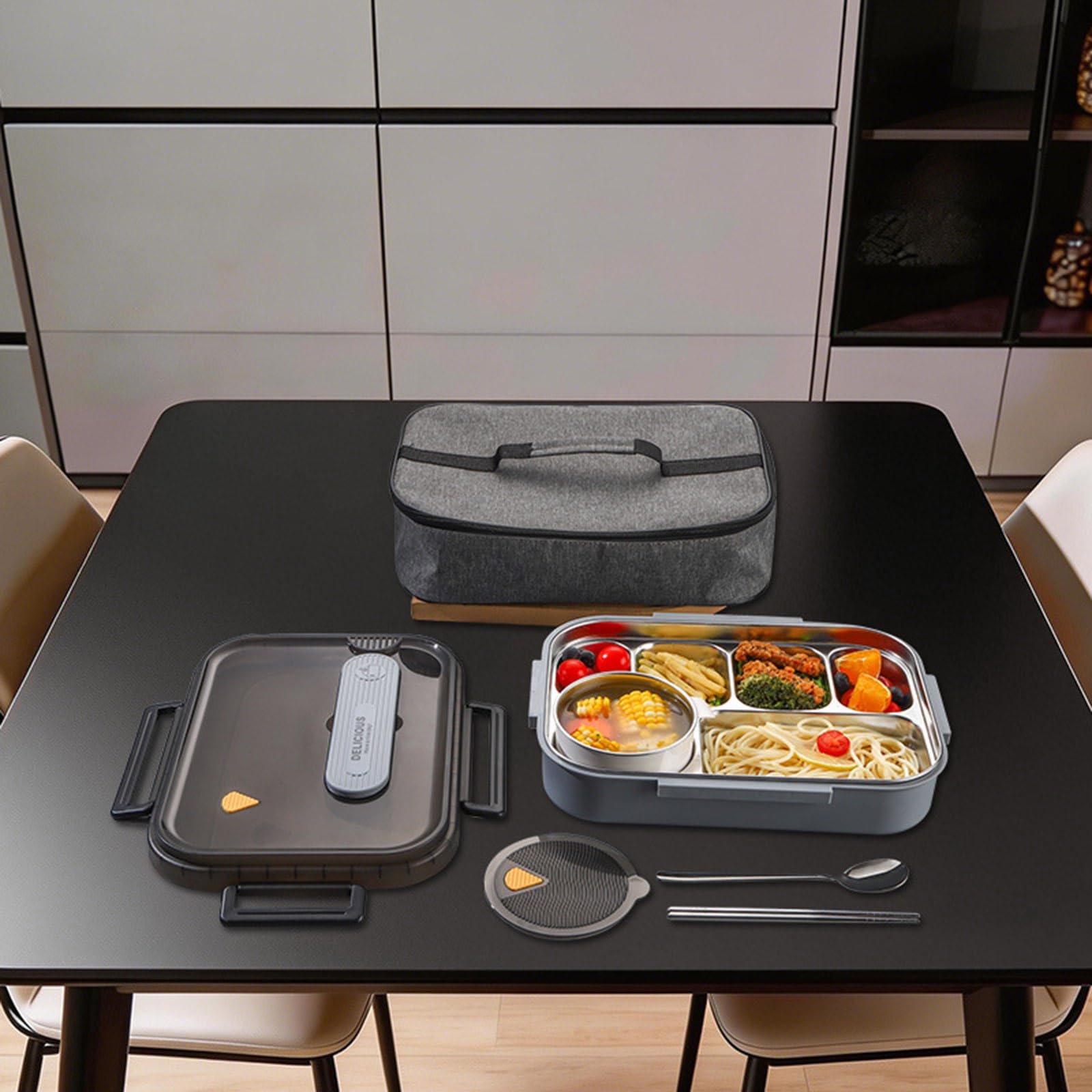 Lonchera térmica de gran capacidad con cuenco de sopa y cubiertos, 6 compartimentos, acero inoxidable, doble capa, contenedor de alimentos