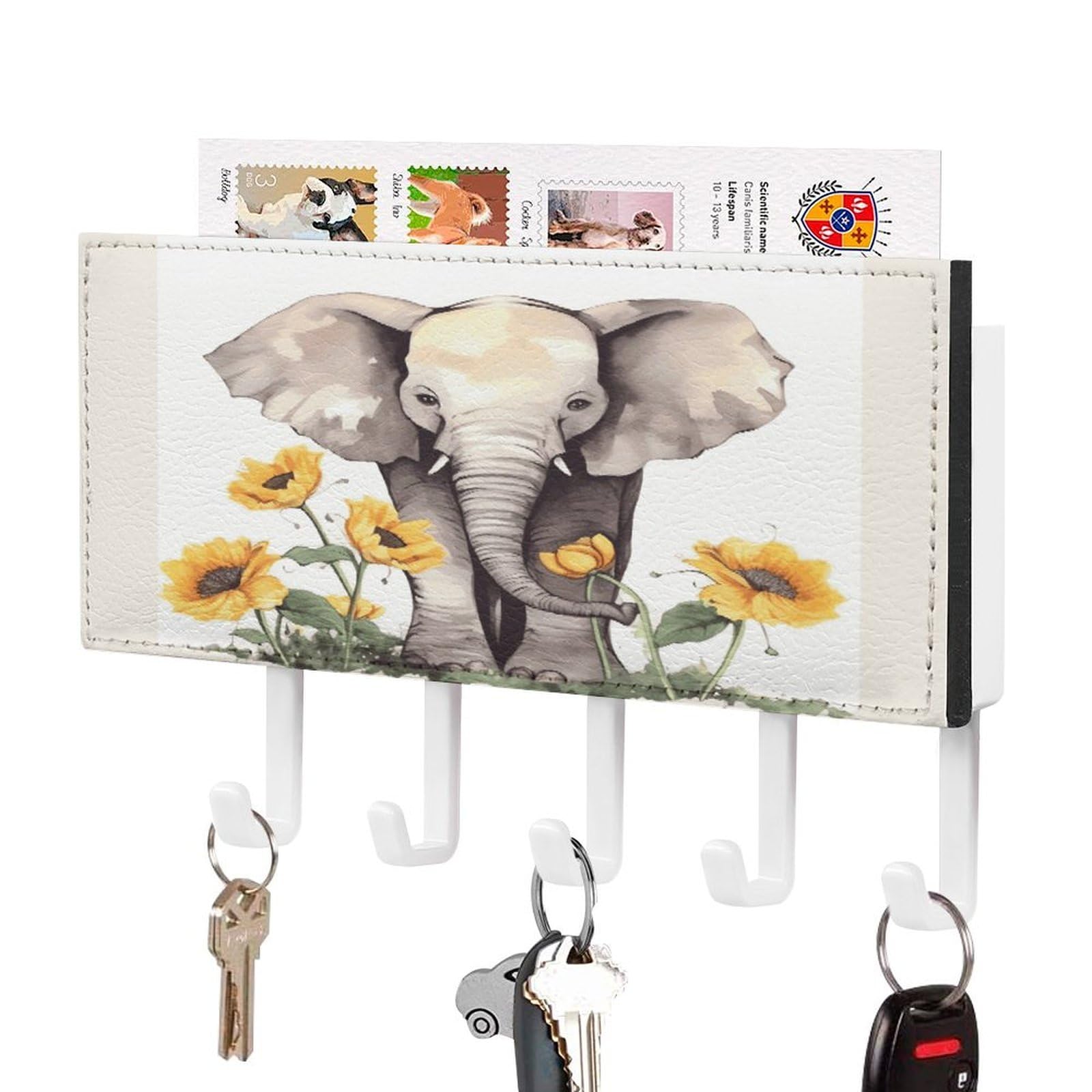 Fekiloot White-Style Elephant And Sunflower Key Holder For Wall Decorative Mail Organizer With 5 Key Hook Self Adhesive Key Rack With Tray Coat Rack Wall Mount Key Hanger Decor For Entryway Door