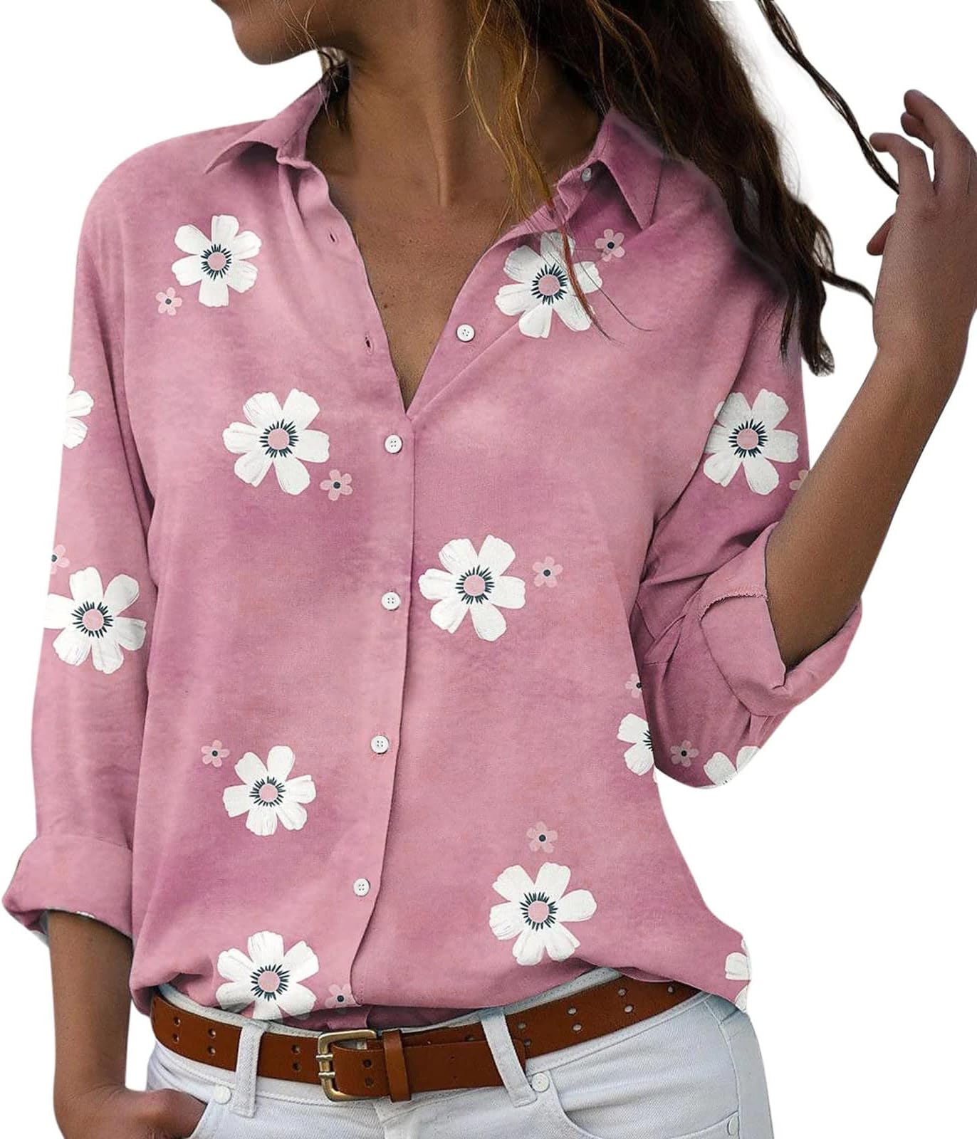 White Button Down Casual Long Slit Women's Button Sleeve Shirt Striped Printed Striped Button Down Shirt Women