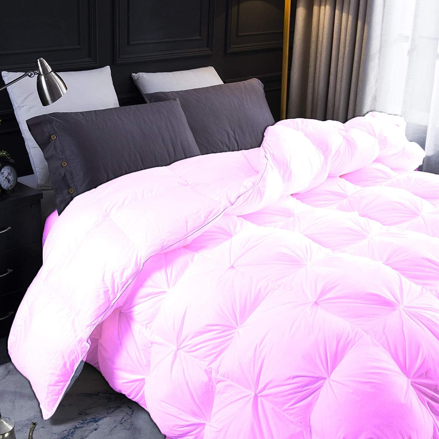 Pink All Season Down Pin-Tuck Comforter- King Size 102 x 92 Inches 1 pc Pinch Pleated Comforter 600 GSM & 4-Corner Tab's 100% Egyptian Cotton- - Pink Solid