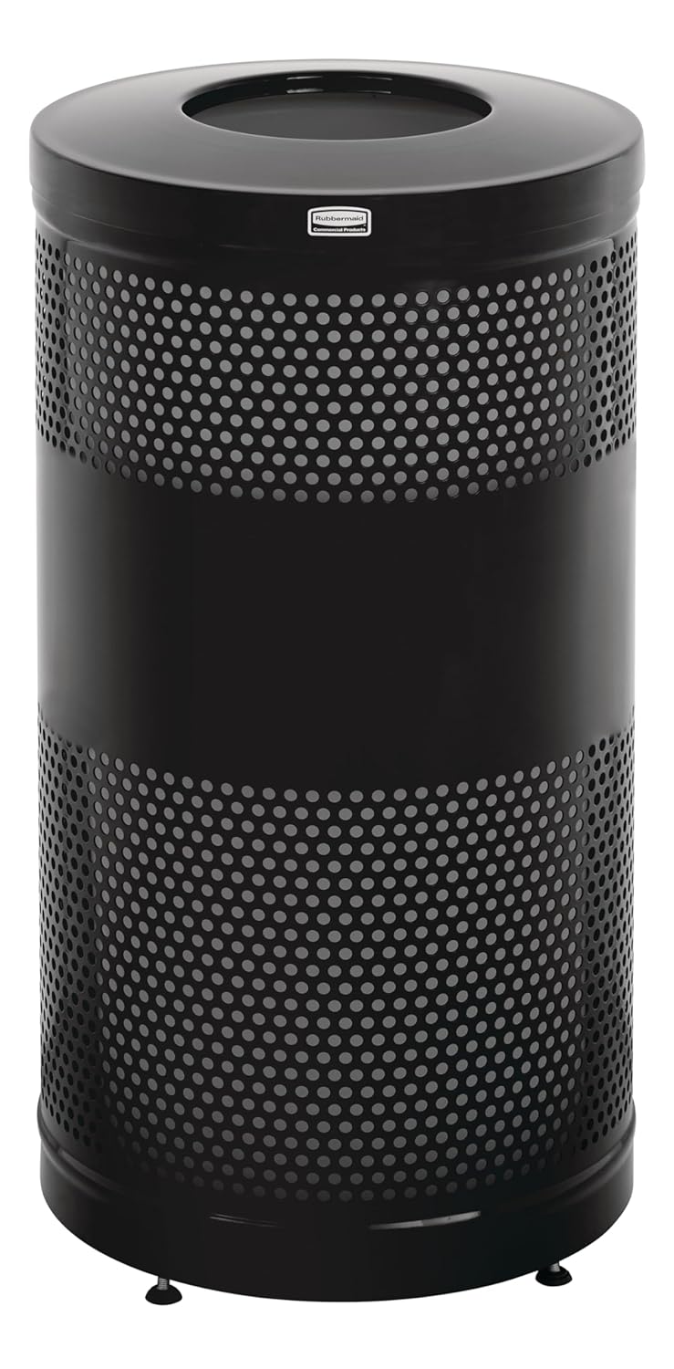 Rubbermaid Commercial Products Perforated Steel Trash Can 25-Gallon Black Hands-Free Indoor Outdoor Garbage Bin for Mall Stadium Office