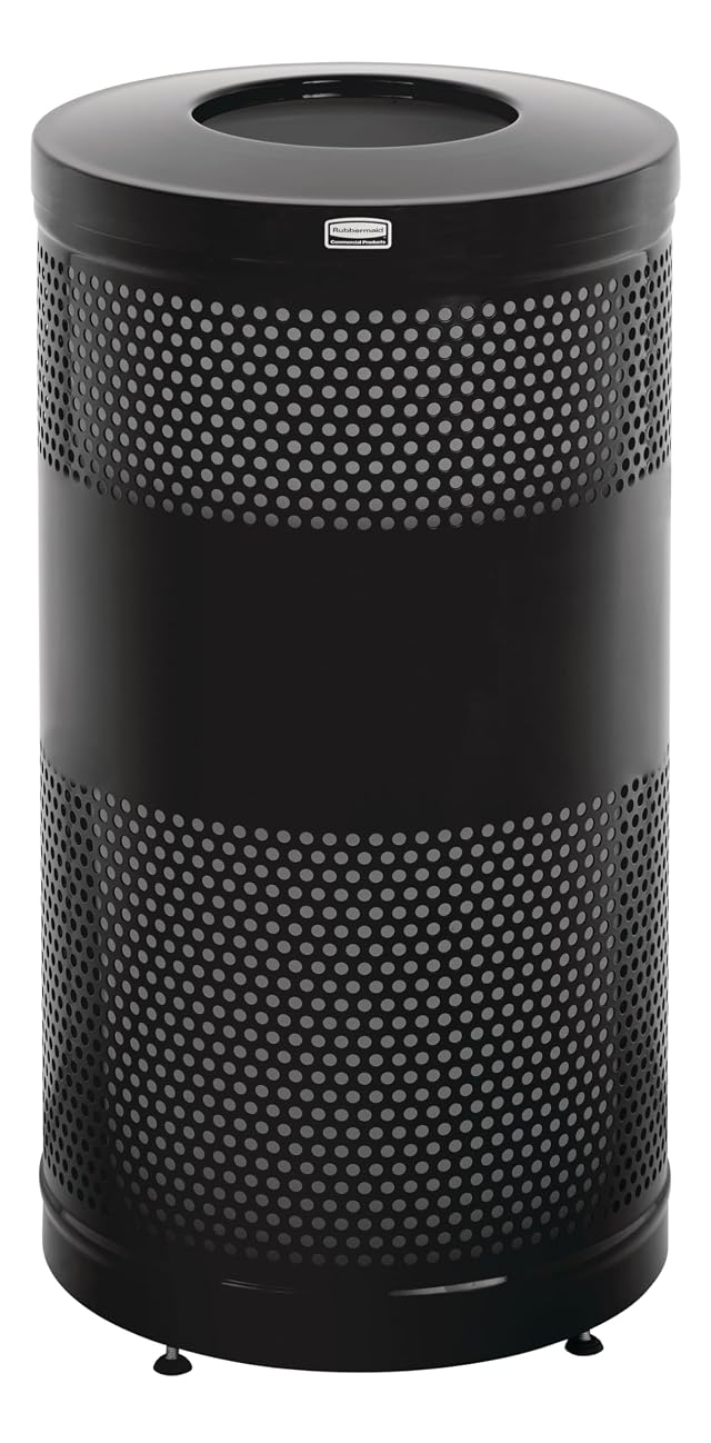 Rubbermaid Commercial Products Perforated Steel Trash Can 25-Gallon Black Hands-Free Indoor Outdoor Garbage Bin for Mall Stadium Office