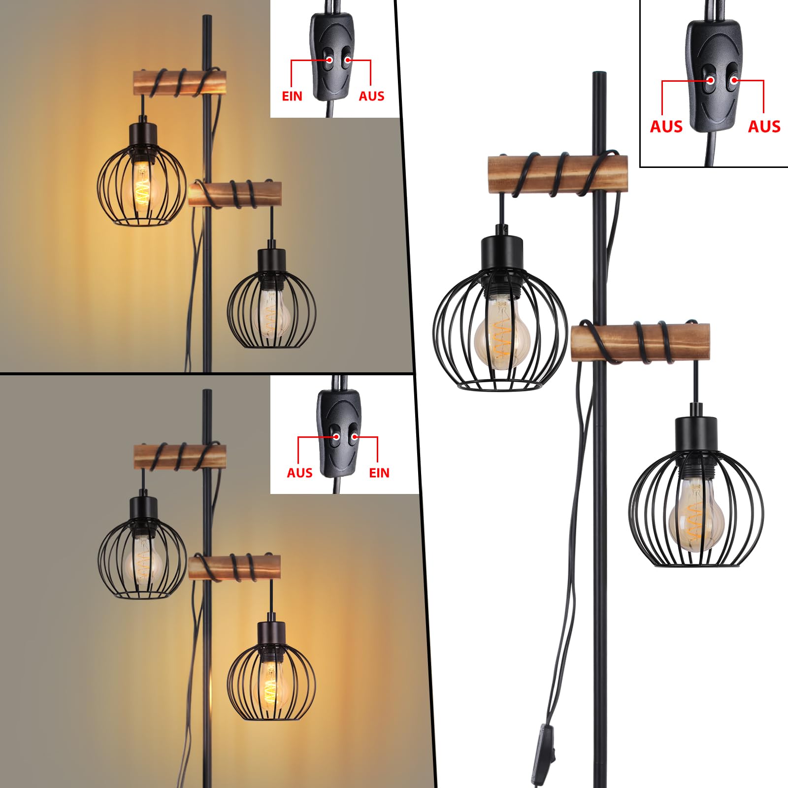 ZMH Lampada da terra nera, lampada da terra per soggiorno in legno - lampada da terra vintage a 2 fiamme in design industriale in metallo con interruttore, attacco E27 152 cm (senza lampadina)