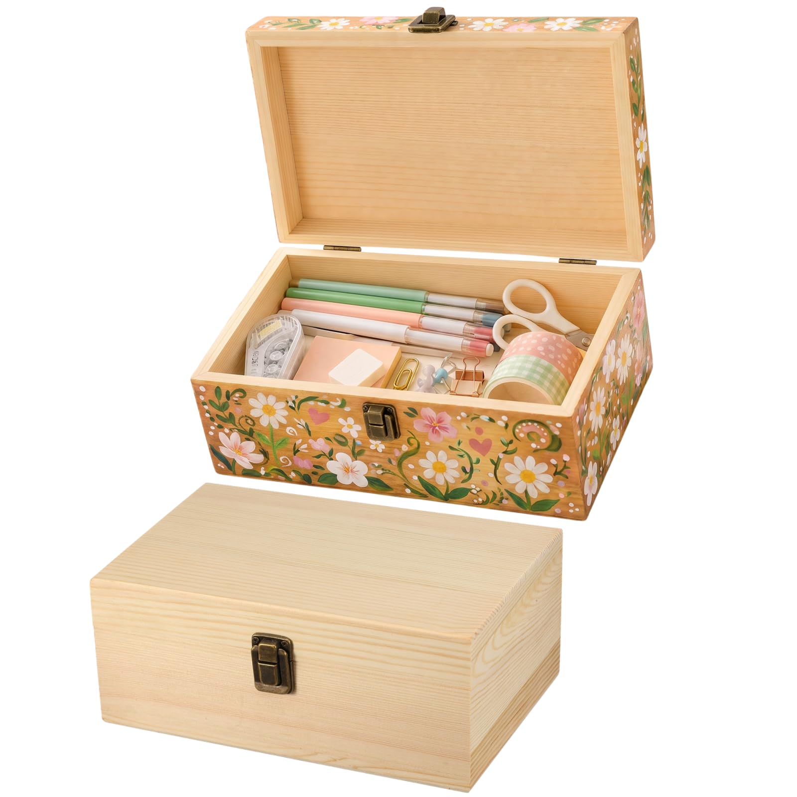 Eyoulife Burlywood 2 Pcs Wooden Storage Box With Lid, 23X14x10cm Unfinished Pine Wood Box With Hinged Lid & Locking Clasp, Deep Keepsake Craft Boxes Set For Diy, Painting, Gifts, Jewelry Organiser
