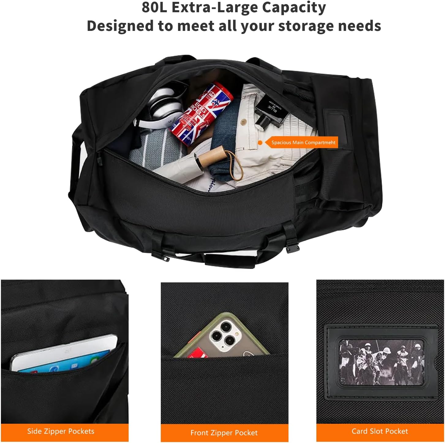 Foldable Duffel Backpack with Wheels.80L Rolling Duffle Bag Luggage Suitcase Outdoor Sports Carry On Garment Bags for Travel Camp (Black)