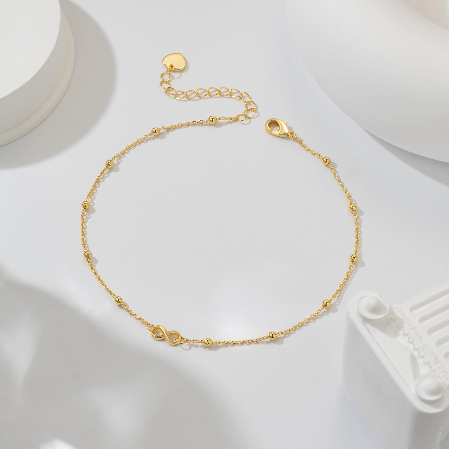 ERIN MARIE 14K Gold Anklets for Women Ankle Bracelets for Women Gold Anklets Infinity Symbol and Evenly Spaced Bead Infinity Bead Ankle Bracelets for Womens With Adjustable Size (9.4-11) Inches - Image 2