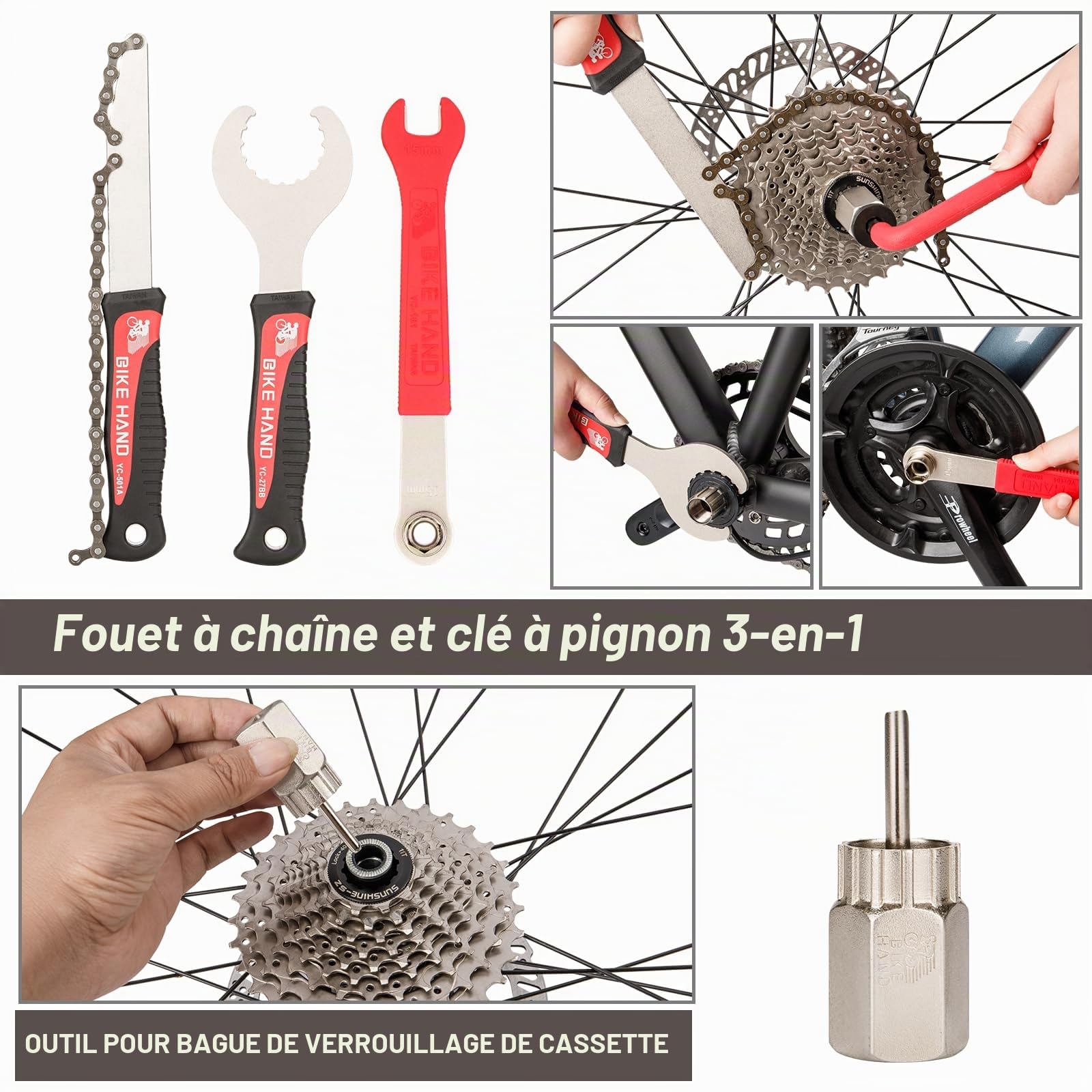 Bike Hand Kit d'outils de réparation professionnel pour vélo avec outil de chaîne, clé à molette et accessoires, noir et rouge