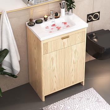 24'' Bathroom Vanity with Ceramic Single Sink Combo, Small Freestanding Bathroom Storage Vanity Cabinet with Drawer & Cabinet, Metal Handle,Natural Oak