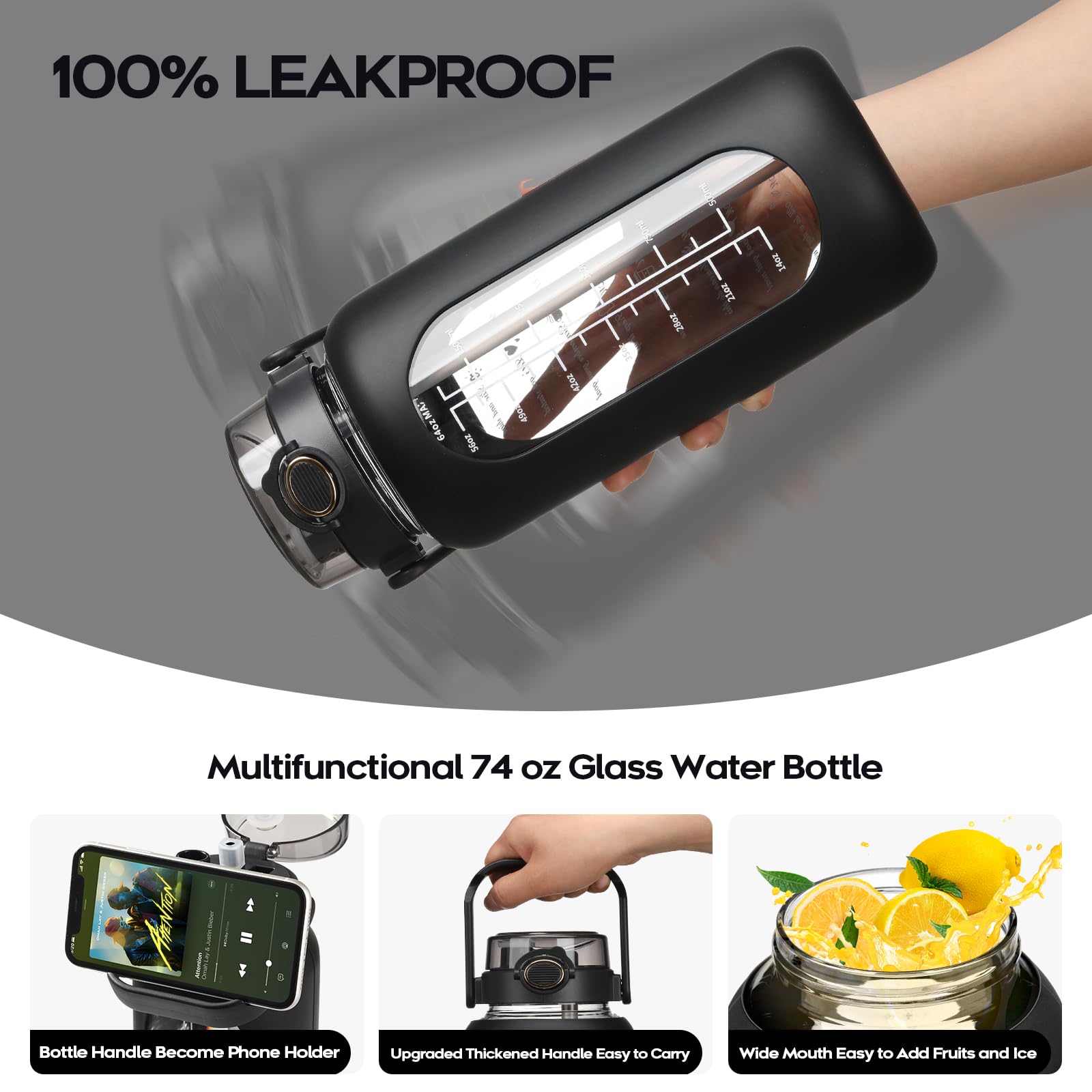 Motivierende Wasserflasche 2,2 L Mit Zeitmarkierung – Glas Mit Silikonhülle, BPA-frei, Für Sport & Alltag