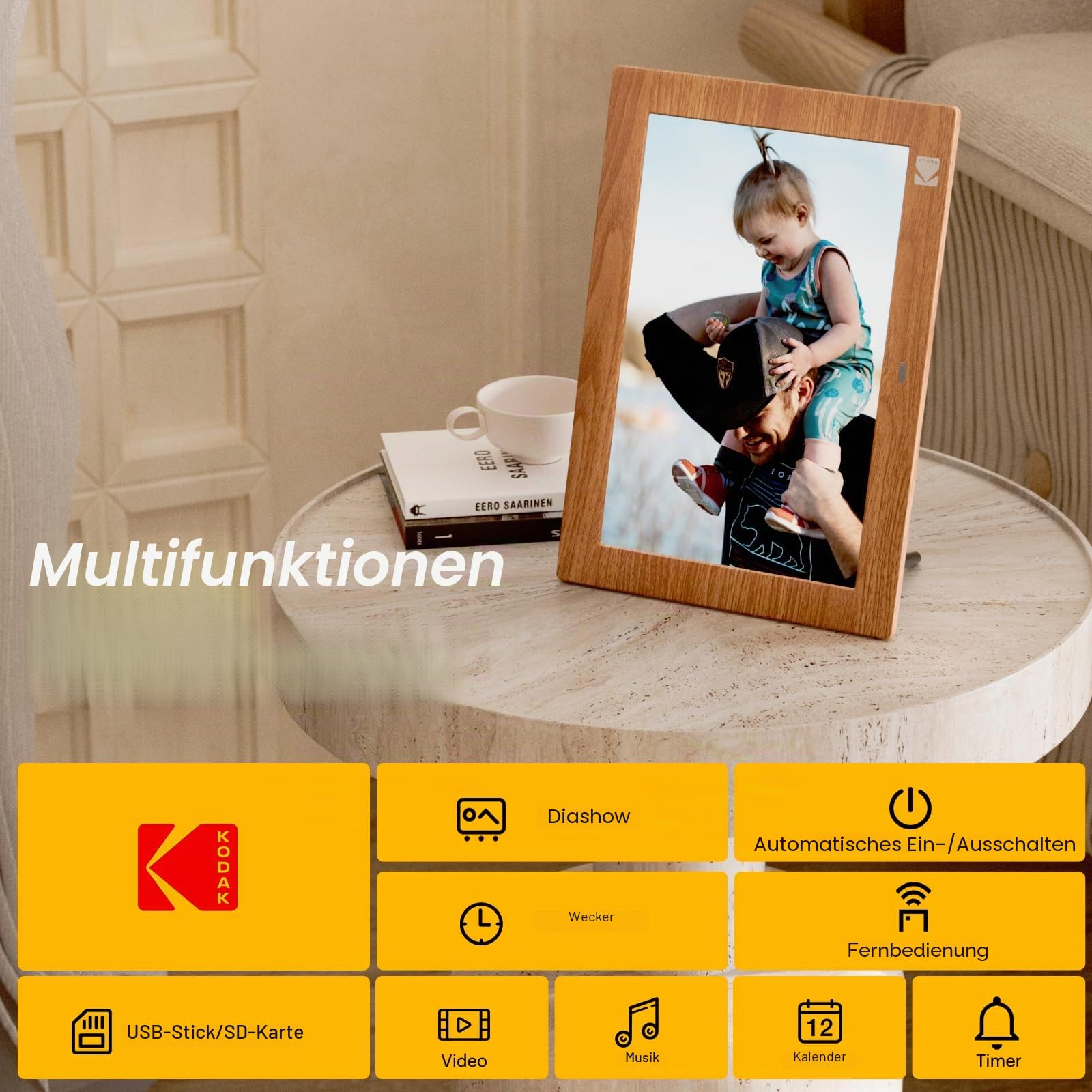 KODAK Digitaler Bilderrahmen 10 Zoll, Digitale Bilderrahmen No Wlan mit Fernbedienung, Elektronischer Bilderrahmen mit 1280*800 IPS-Bildschirm, Bilder/Videos/Musikplayer, Unterstützt Uhr/USB/SD-Karte