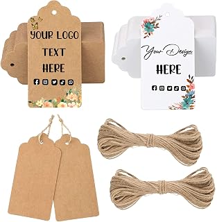 Custom Hang Tags, Personalized Logo Text Price Tags Kraft & Paper Gift Tags with Jute for Jewelry Crafts Wedding Birthday Celebrating Christmas Day Thanksgiving, 100 Pack (1.7x2.79 INCHES)