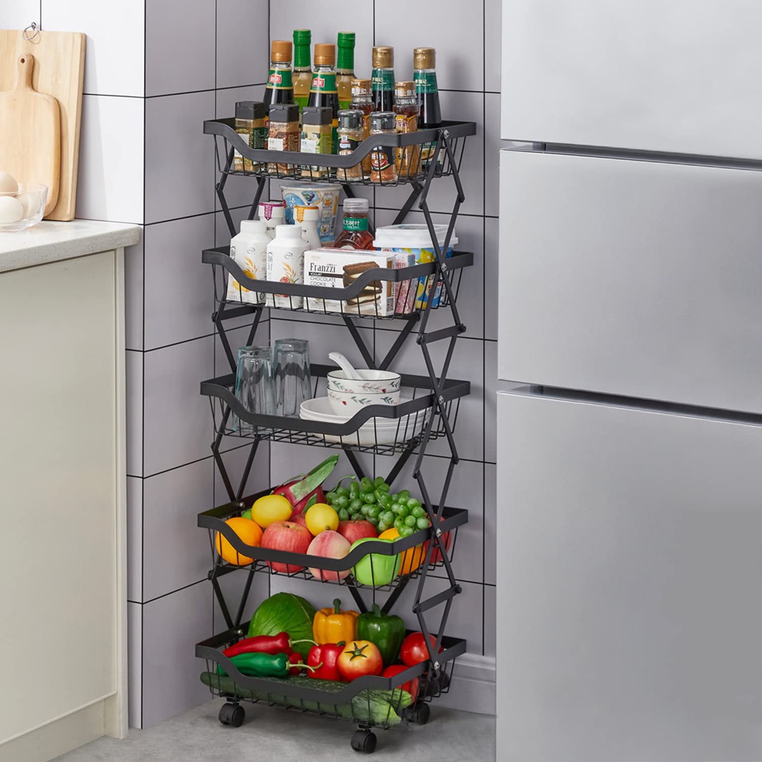 Fruit Basket for Kitchen, Heavy-Duty Metal Storage Rack on Wheels, Multi-Purpose Folding Basket Organizer Shelving for Kitchen, Bathroom, Bedroom, or