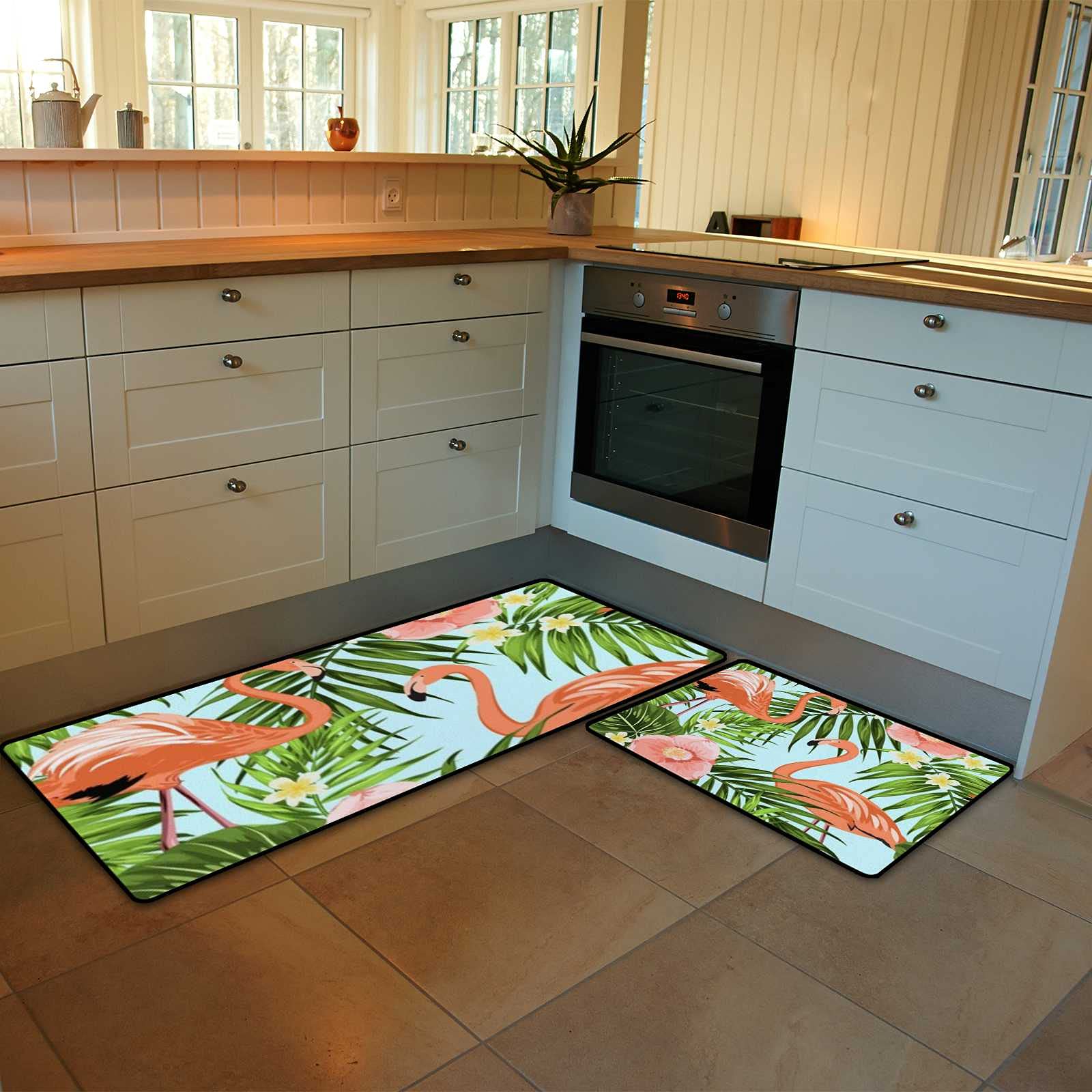 Kitchen Rugs and Mats Set of 2 Pieces Anti Fatigue Standing Mat Pink Flamingo Tropical Jungle Light Blue Non Slip Washable Comfort Flooring Carpet Runner for Kitchen Home