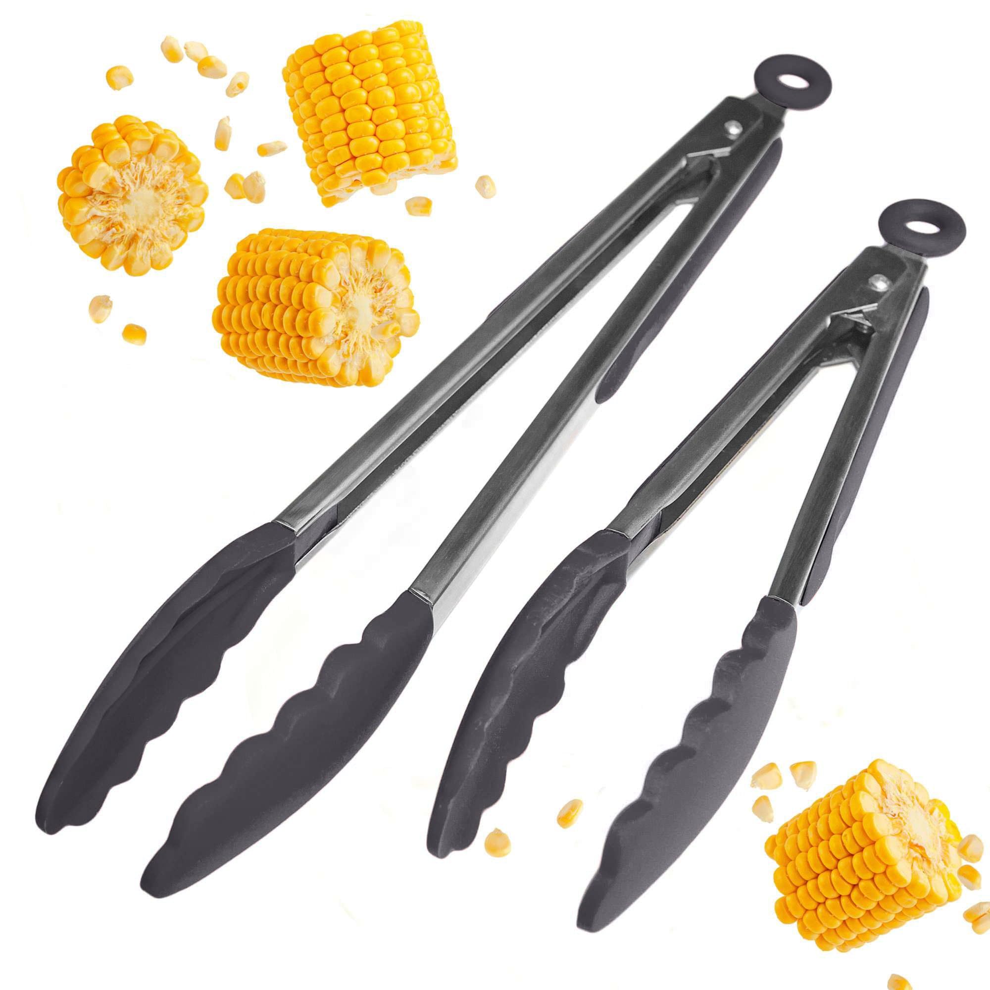 StarPack Juego de pinzas de cocina de silicona premium (22,8 cm y 30,5 cm, gris y negro), pinzas de acero inoxidable para cocinar con puntas de silicona, antiadherentes, pinzas de silicona resistentes
